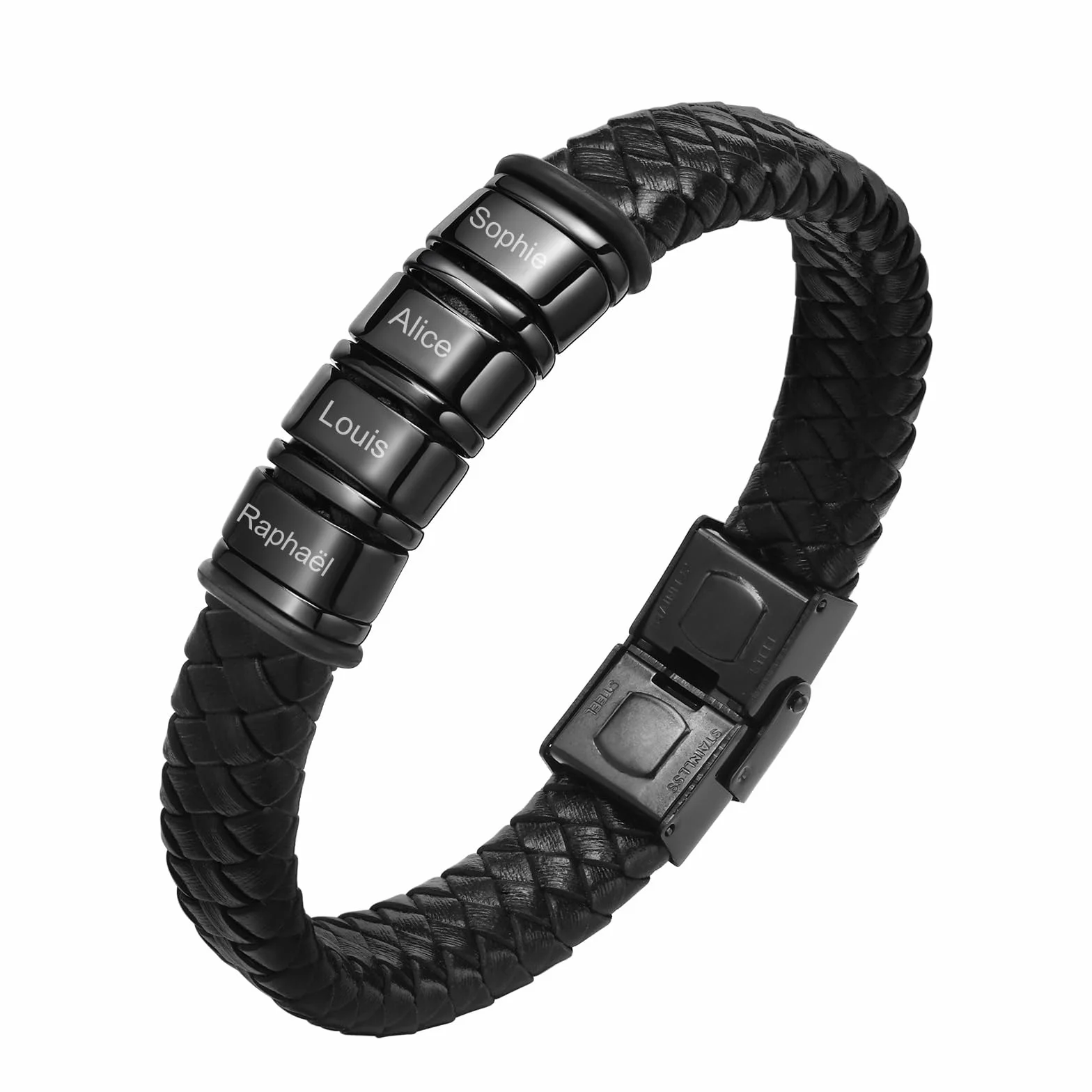 Bracelet Cuir Noir Tressé Homme Cadeau Papa Personnalisé Gravure Prénom