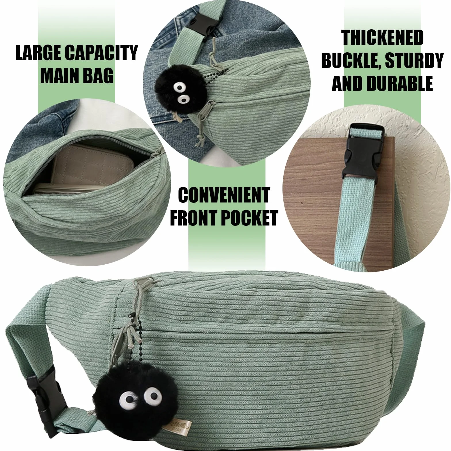 Sac Banane Velours Côtelé, Sac de Ceinture de Couleur Unie, Sangle Réglable (Vert)
