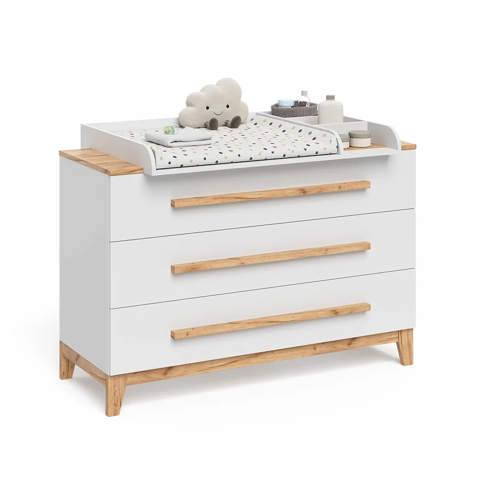 VitaliSpa Table à Langer Malia Blanc Artisan 133.2x98cm 3 tiroirs Plan à Langer Amovible Commode
