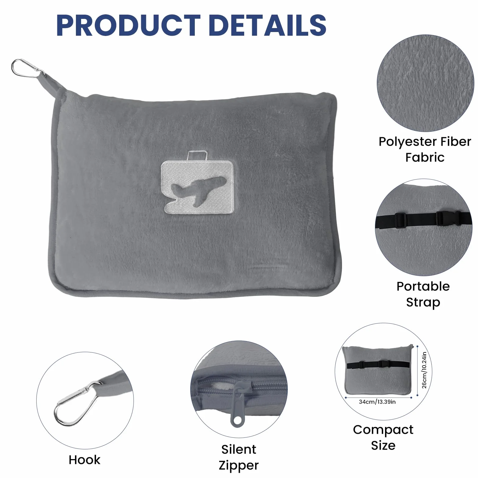 Ensemble Couverture-Oreiller de Voyage 2 en 1, 60x50 Pouces, Portable avec Masque et Bouchons d'oreilles, Gris