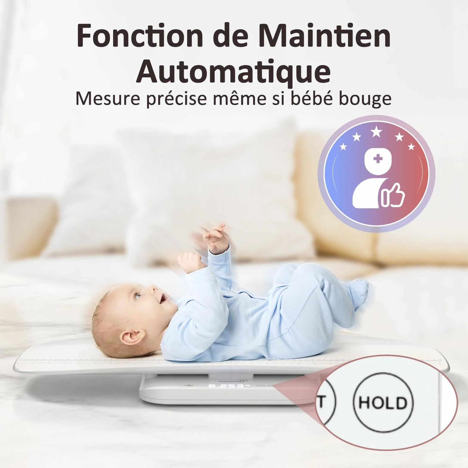 Grownsy Pèse Bébé Numérique avec Plateau Amovible, 150kg, Mesure Taille 70cm, écran LED