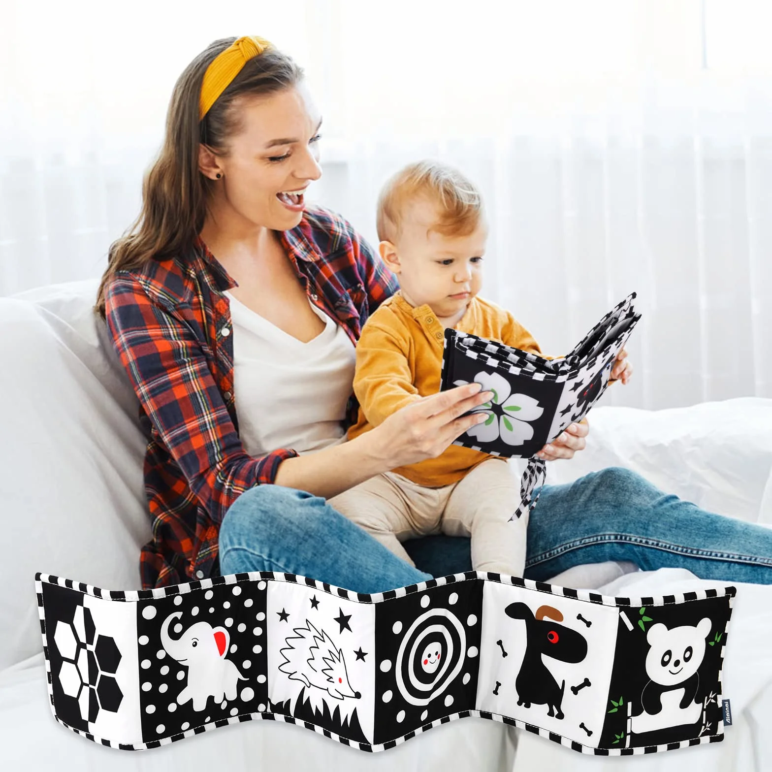 Livre d'Éveil Double Face en Tissu Vicloon pour Bébé Noir et Blanc Pliable 6-12 Mois