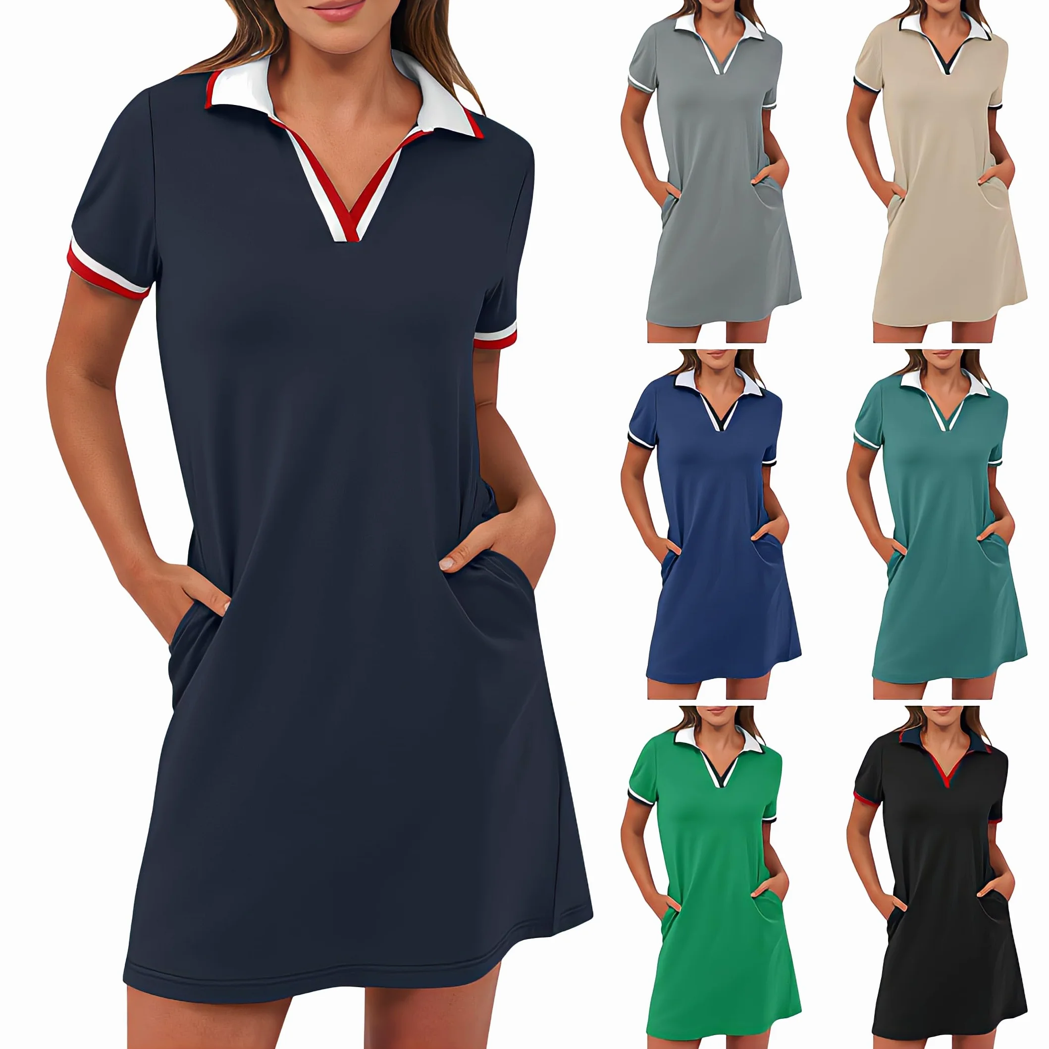 Robe polo femme manches courtes longueur genou sport été golf tennis couleur unie avec poches
