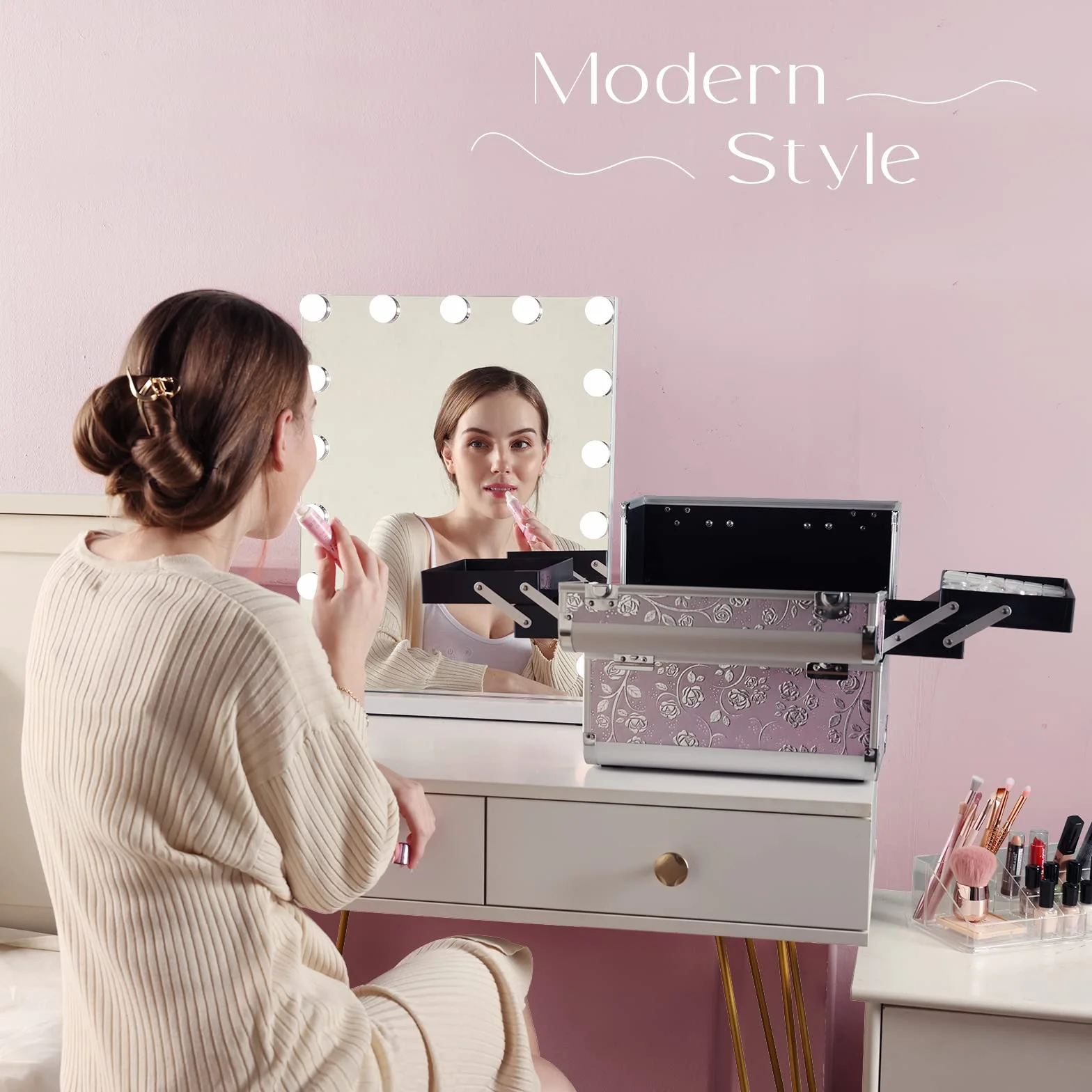 Malette Maquillage Aluminium Vanity Professionnelle Rangement Cosmétiques Coiffure Manucure Rose
