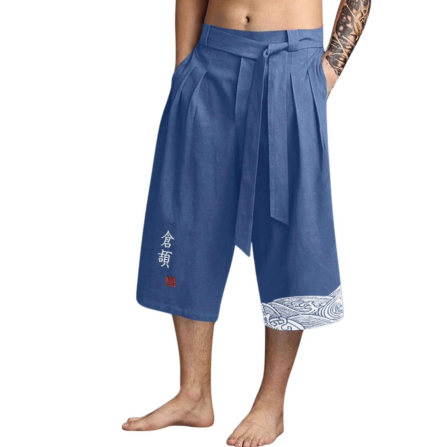 Pantalon Japonais Homme 3/4 Baggy Lin Taro avec Cordon de Serrage Pantacourt Style Japonais
