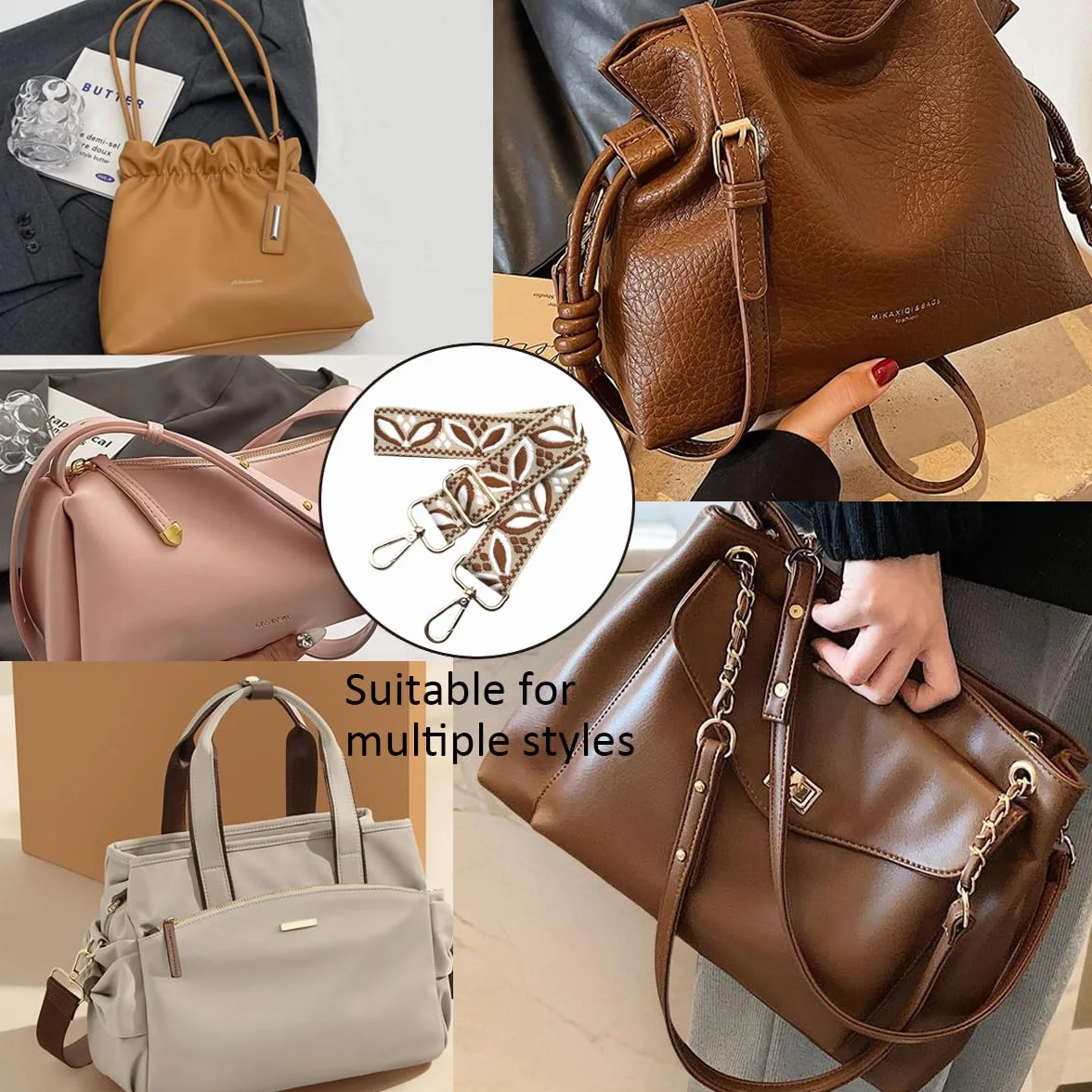 Sangle Large Sac Bandoulière Remplacement Réglable 3.8cm Mousqueton Dorée Beige-Marron Foncé