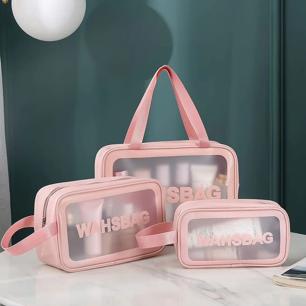 Aucuu Trousse de Toilette Transparente 3PC Set Étanche PVC Imperméable Portable Voyage avec Poignée