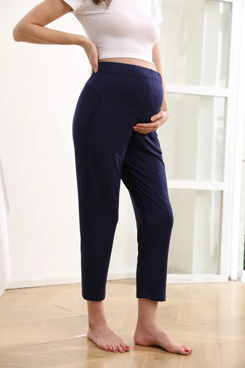Pantalons de Maternité pour Femme, Pantalon de Grossesse avec Panneau Abdominal Élastique et Poches