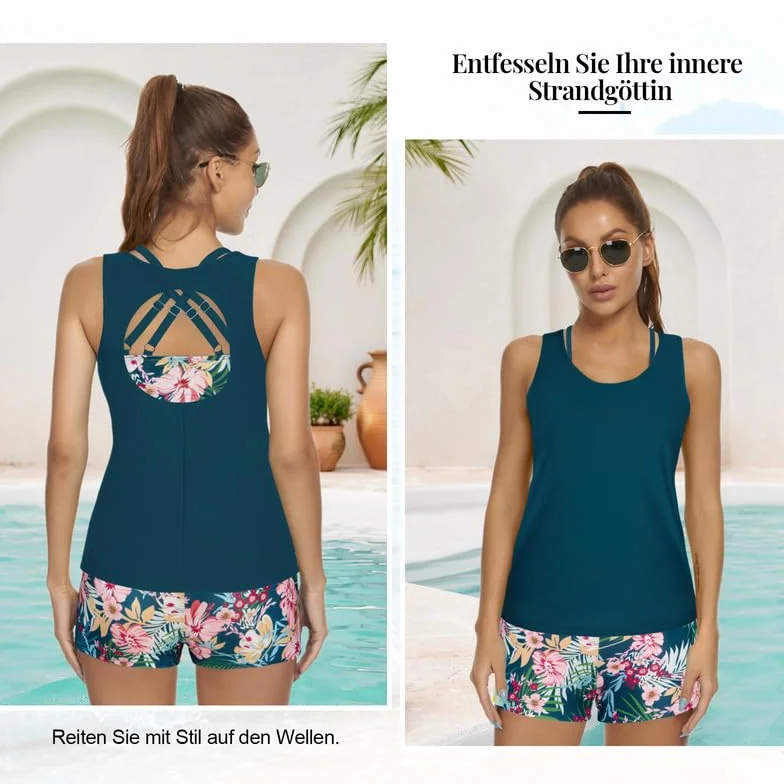 JASAMBAC Tankini Maillot de Bain Femme 3 Pièces Imprimé Floral Contrôle du Ventre
