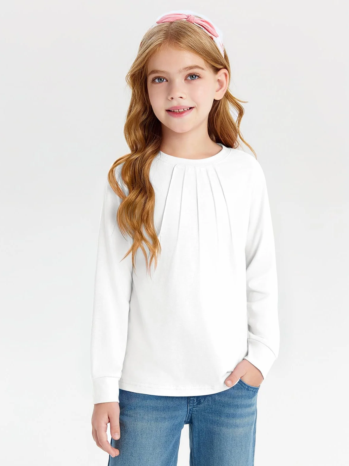 T-shirt à manches longues pour fille Col rond Couleur unie