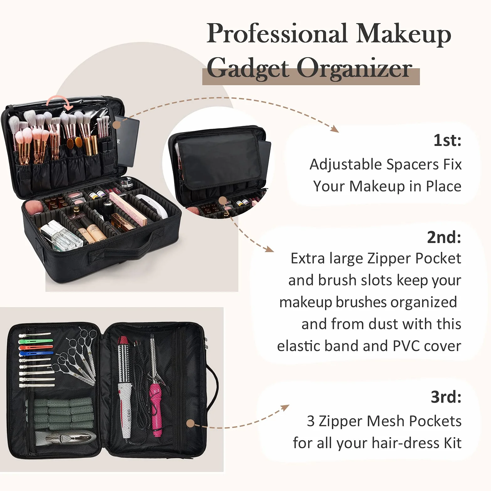 Joligrace Trousse de Maquillage Grande Sac Voyage Oxford Tissu Mallette à Ongles 2 Couches Bandoulière Noir