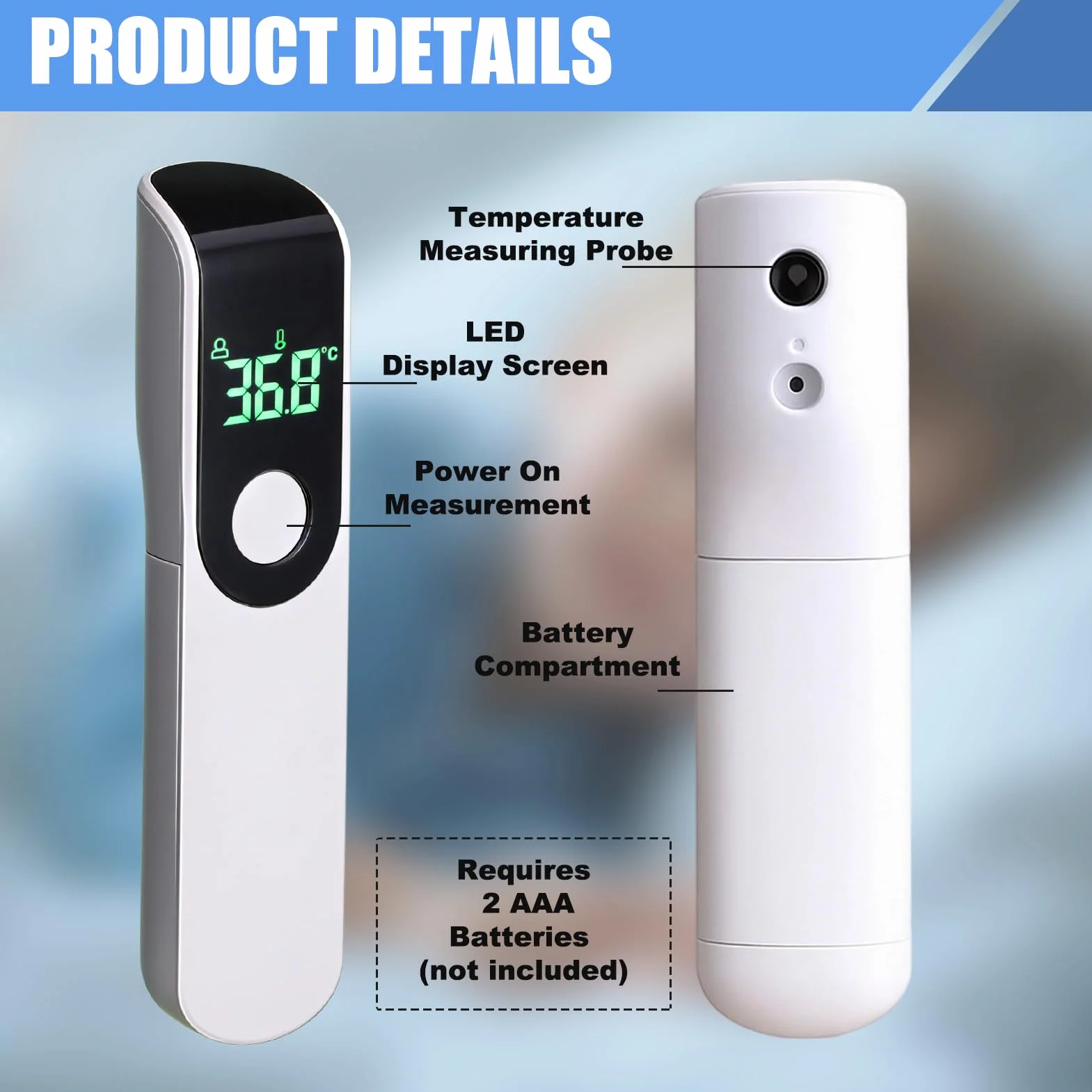 Thermomètre Frontal Infrarouge Numérique avec Écran LCD, Lecture Instantanée ℃/℉, Précis, Blanc