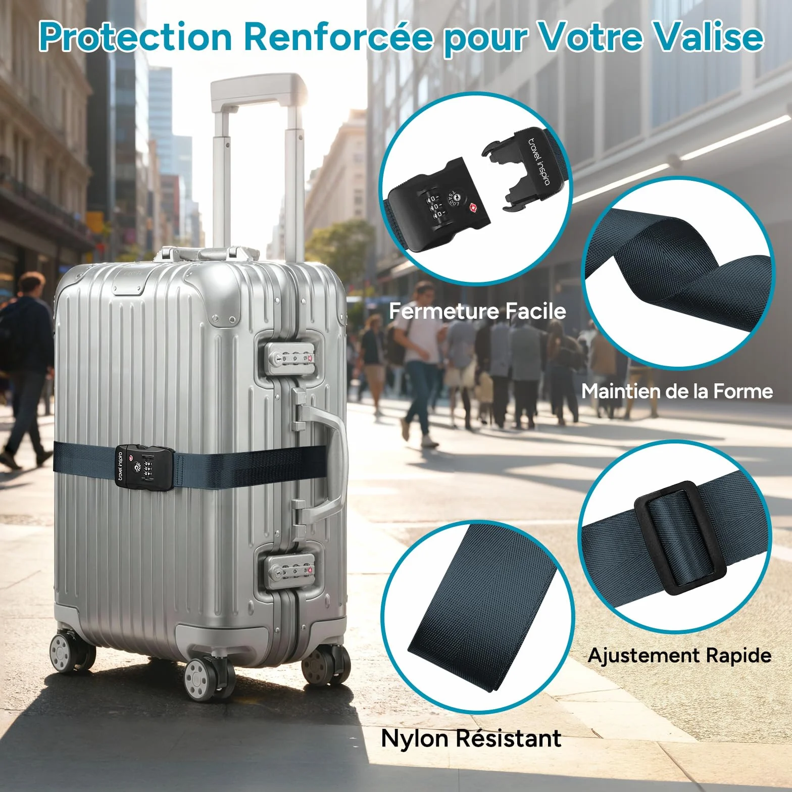 Sangle Valise TSA Réglable 103-200 cm pour Valises 20-32 Pouces, Ceinture à Bagages Bleu Marine