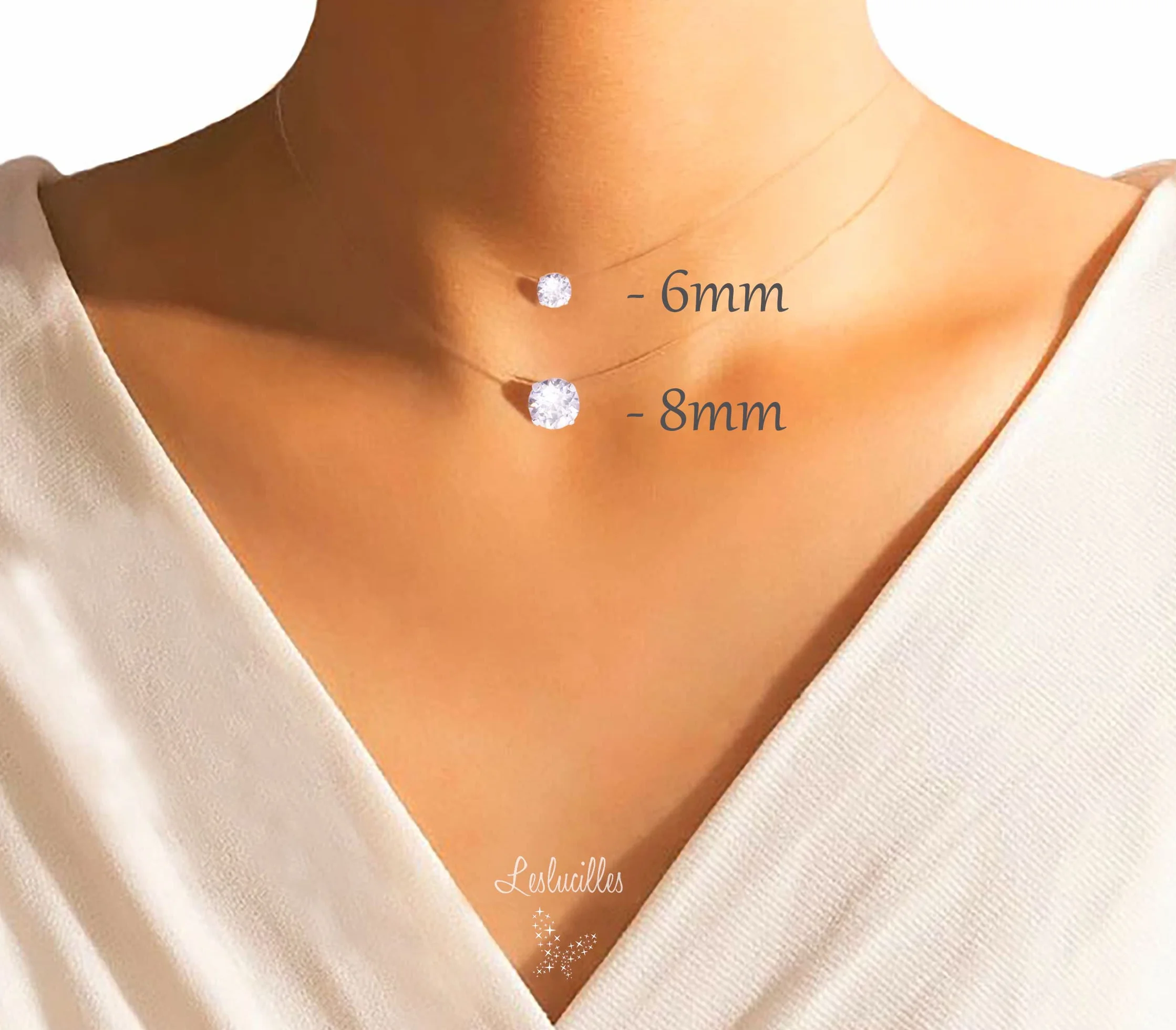 Collier transparent ARGENT 925 Petit ou Grand Solitaire Pure Brillance Fil de Nylon Pêche invisible Ras de cou Pendentif brillant Diamant Zircon