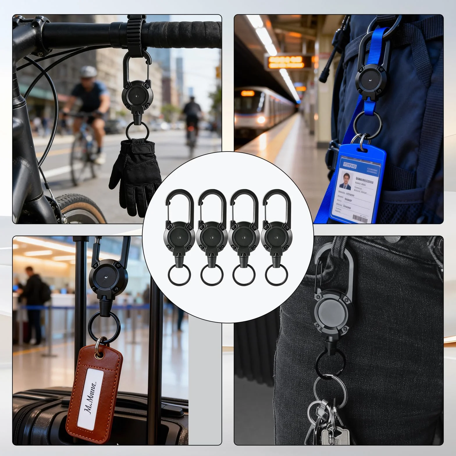 Lot de 4 porte-clés rétractables extensibles avec cordon en acier 60 cm, mousqueton robuste pour porte-badge