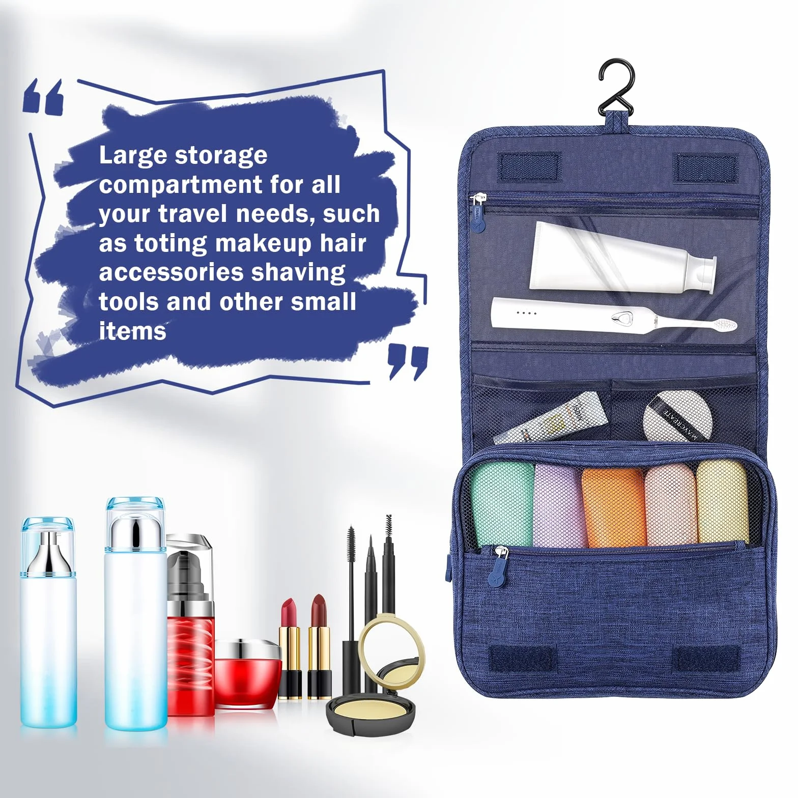 Trousse de Toilette Pliable Imperméable avec Crochets, Sac Cosmétique de Voyage Multifonction
