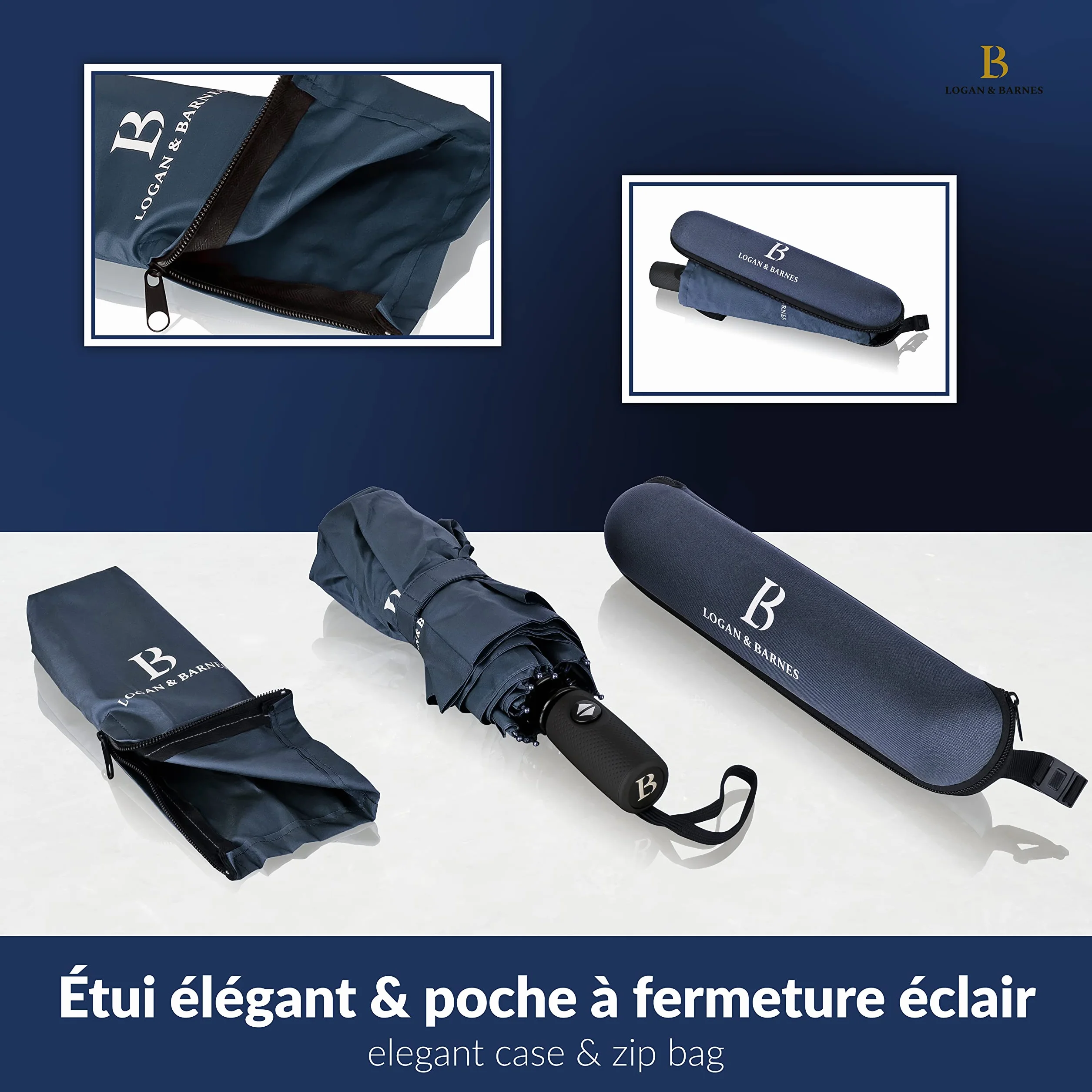 LOGAN & BARNES Parapluie résistant aux tempêtes 140 km/h – Parapluie de poche Boston revêtement téflon