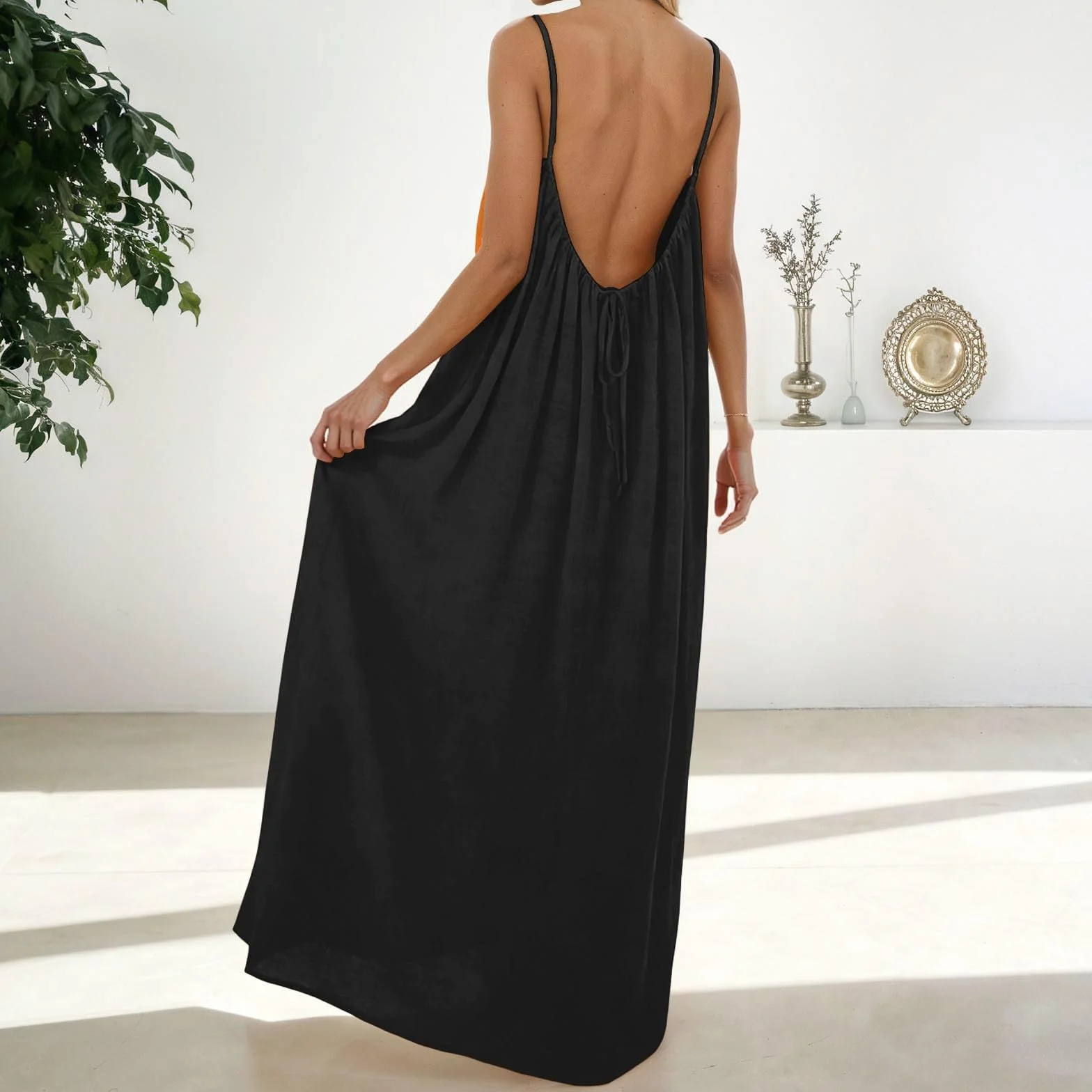 Générique Backless Lounge Dress Casual Sleeveless Cami House Dress for Women Soft Loose Fit Summer Gown