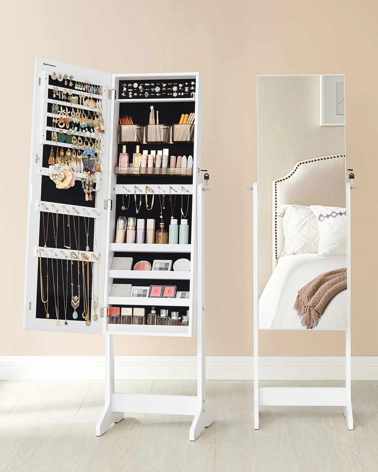 SONGMICS JJC002W01 Armoire à bijoux avec miroir, debout, verrouillable, blanc