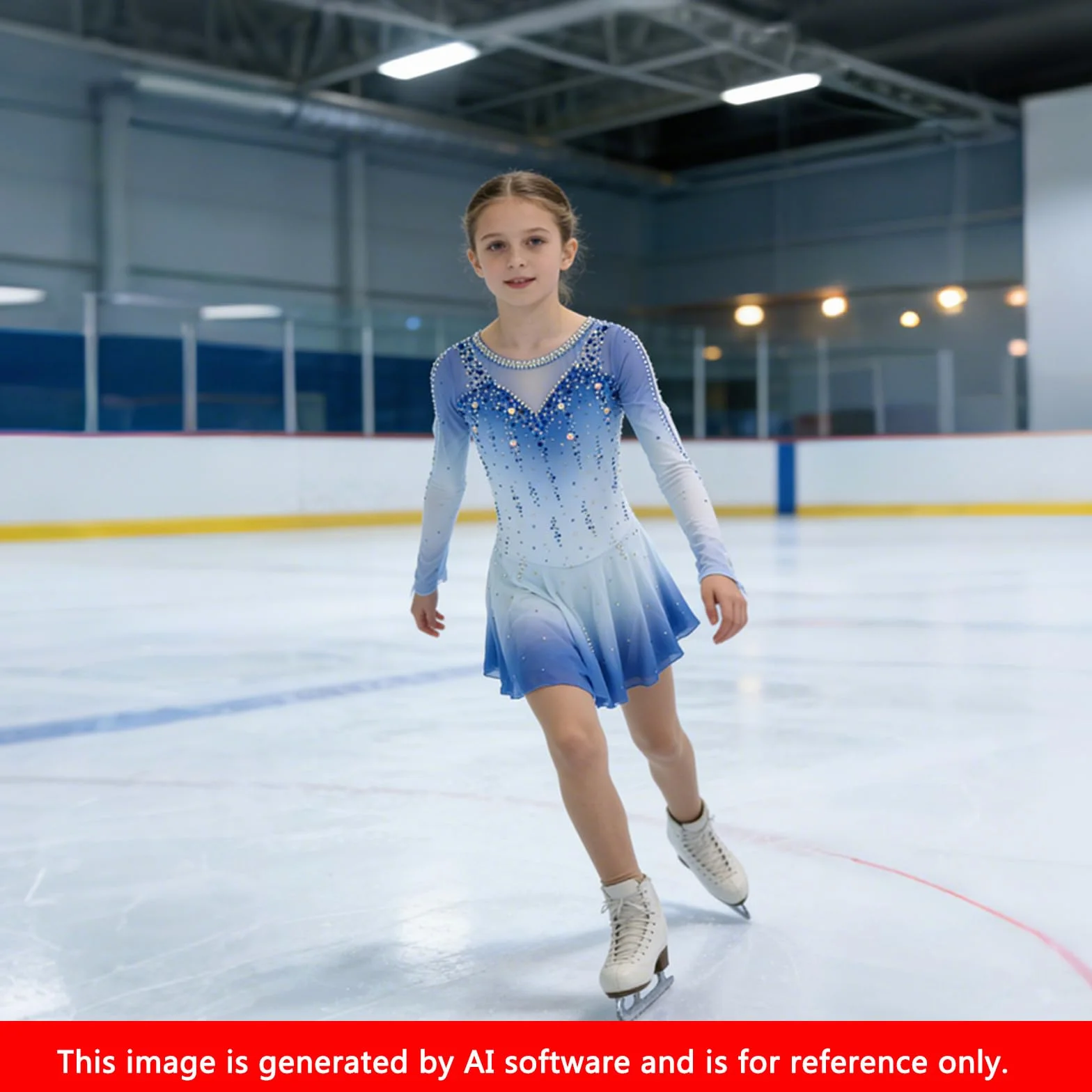 LIUHUO Robe de Patinage Artistique Bleue pour Filles et Femmes – Robe de Compétition Danse sur Glace – Manches Longues Cristal Fait à la Main