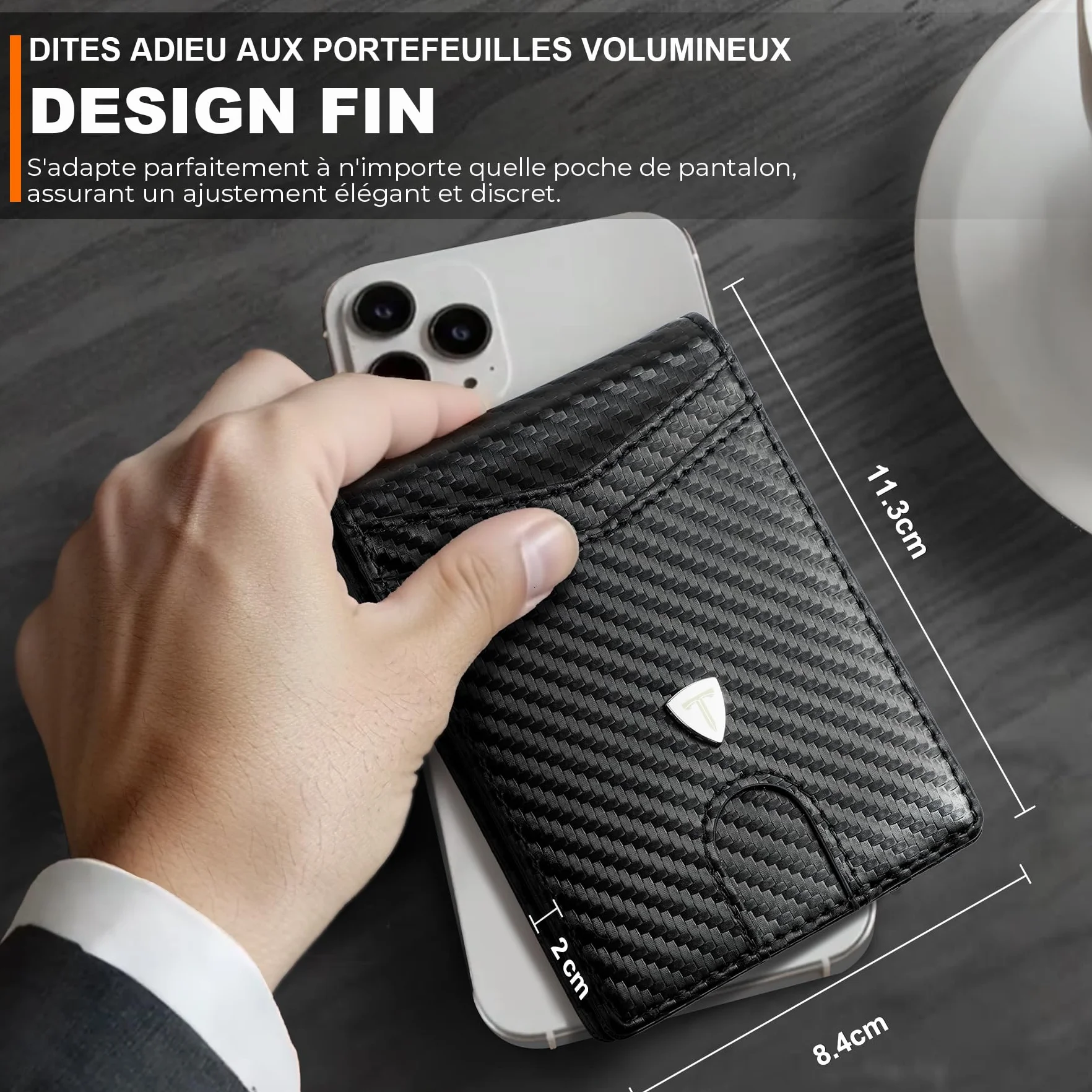 TEEHON Portefeuille Homme Slim Cuir Fibre Carbone Blocage RFID Bi-Fold Noir