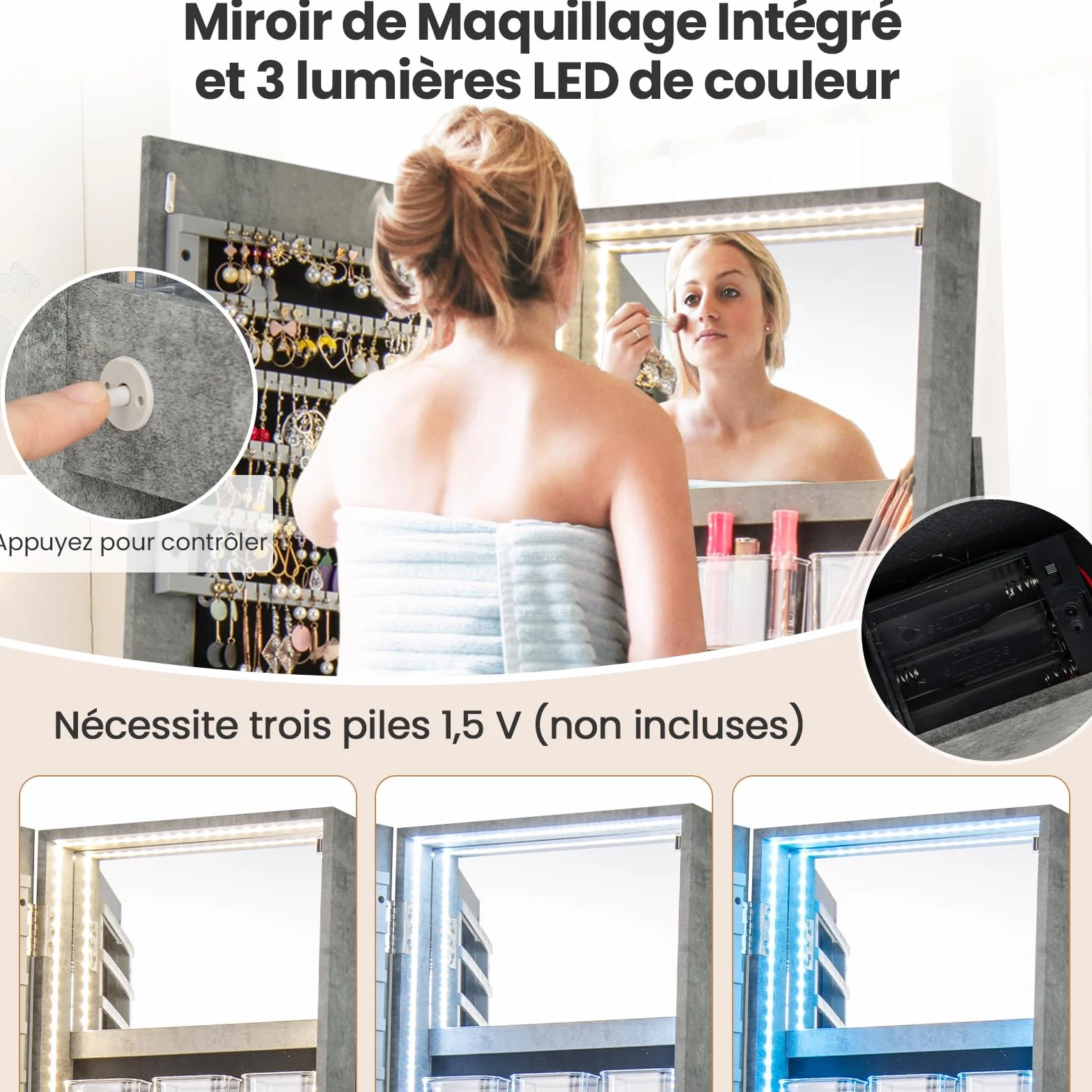 RELAX4LIFE Armoire à Bijoux Pivotante 360º avec Miroir Pleine Longueur, Éclairage LED, Gris