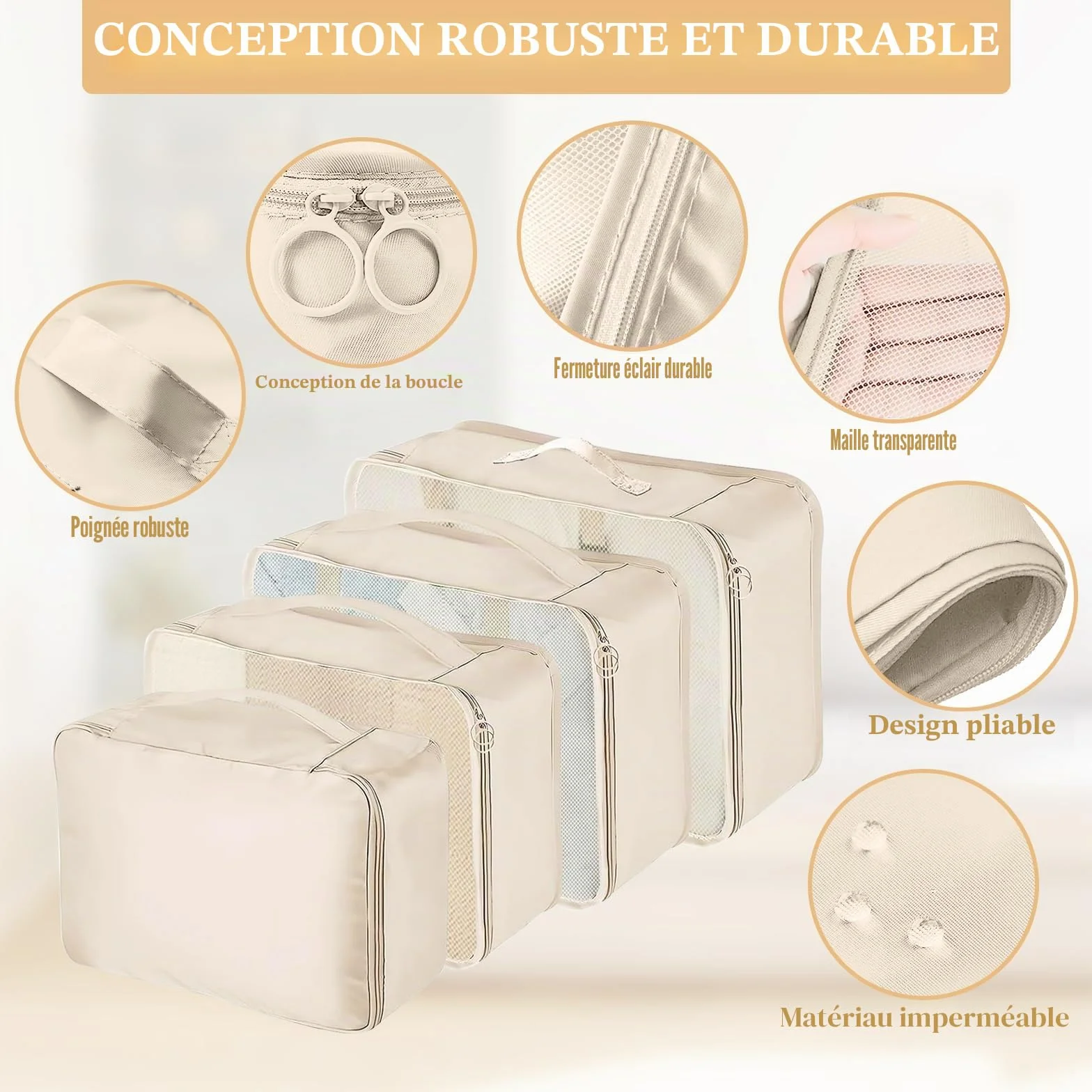 Lot de 9 Organisateur Valise Imperméables Packing Cubes Résistant à la Déchirure Pochette Voyage Beige