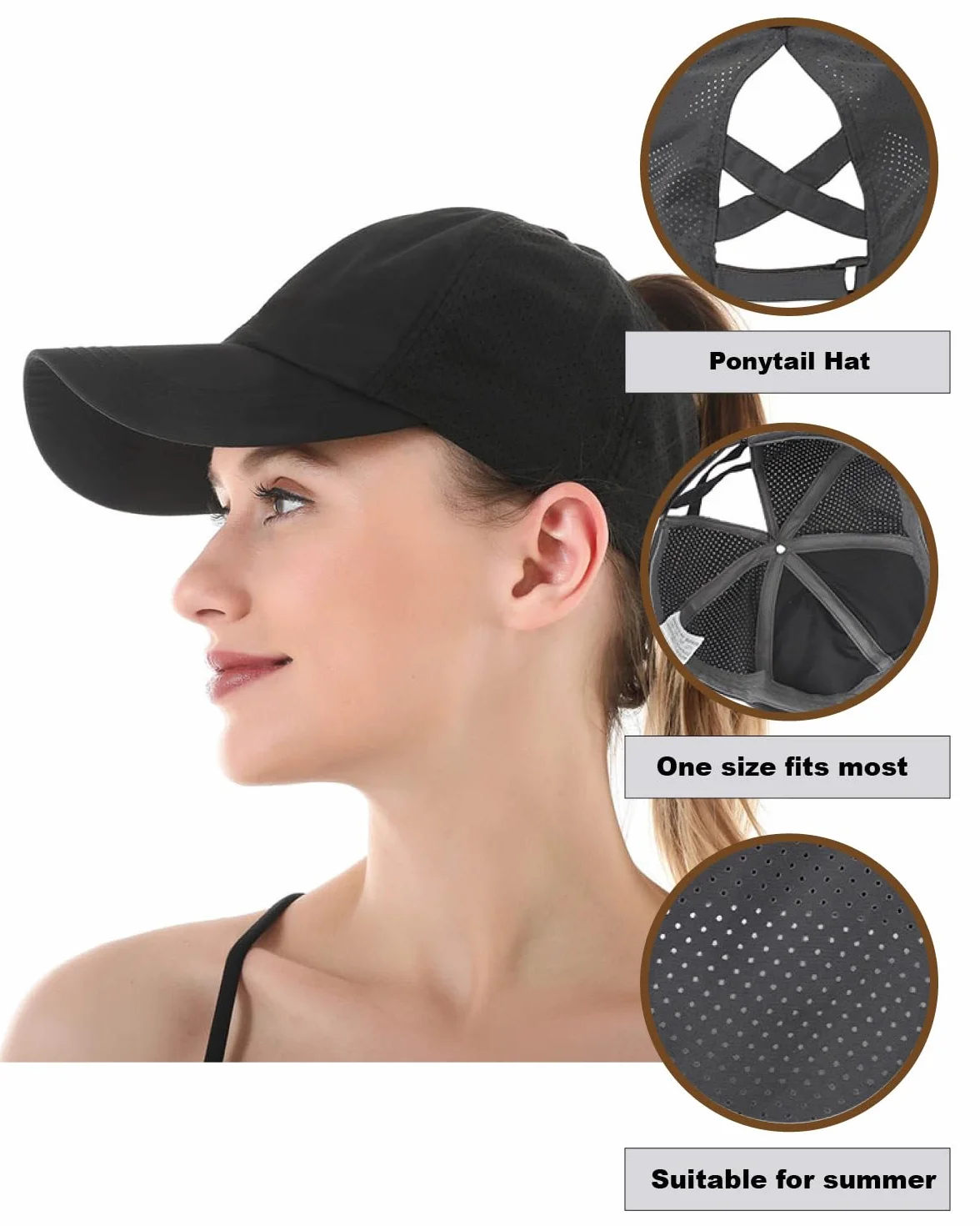 Casquette de Baseball Queue de Cheval, Léger Réglable Séchage Rapide Respirante Anti-UV Noir
