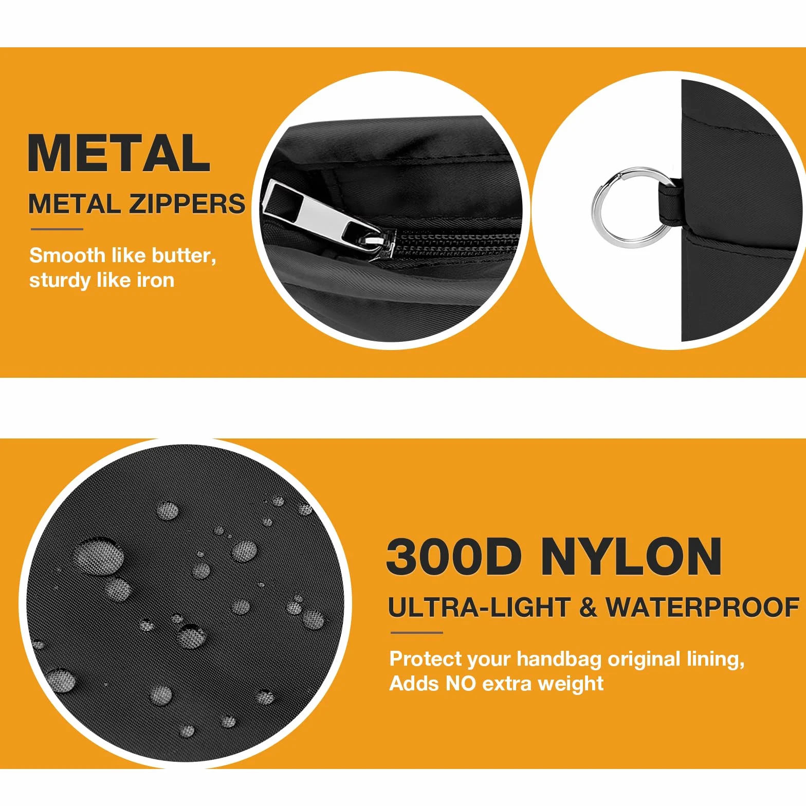 Organiseur de Sac à Main en Nylon Imperméable avec Fermeture éclair Noir Petit
