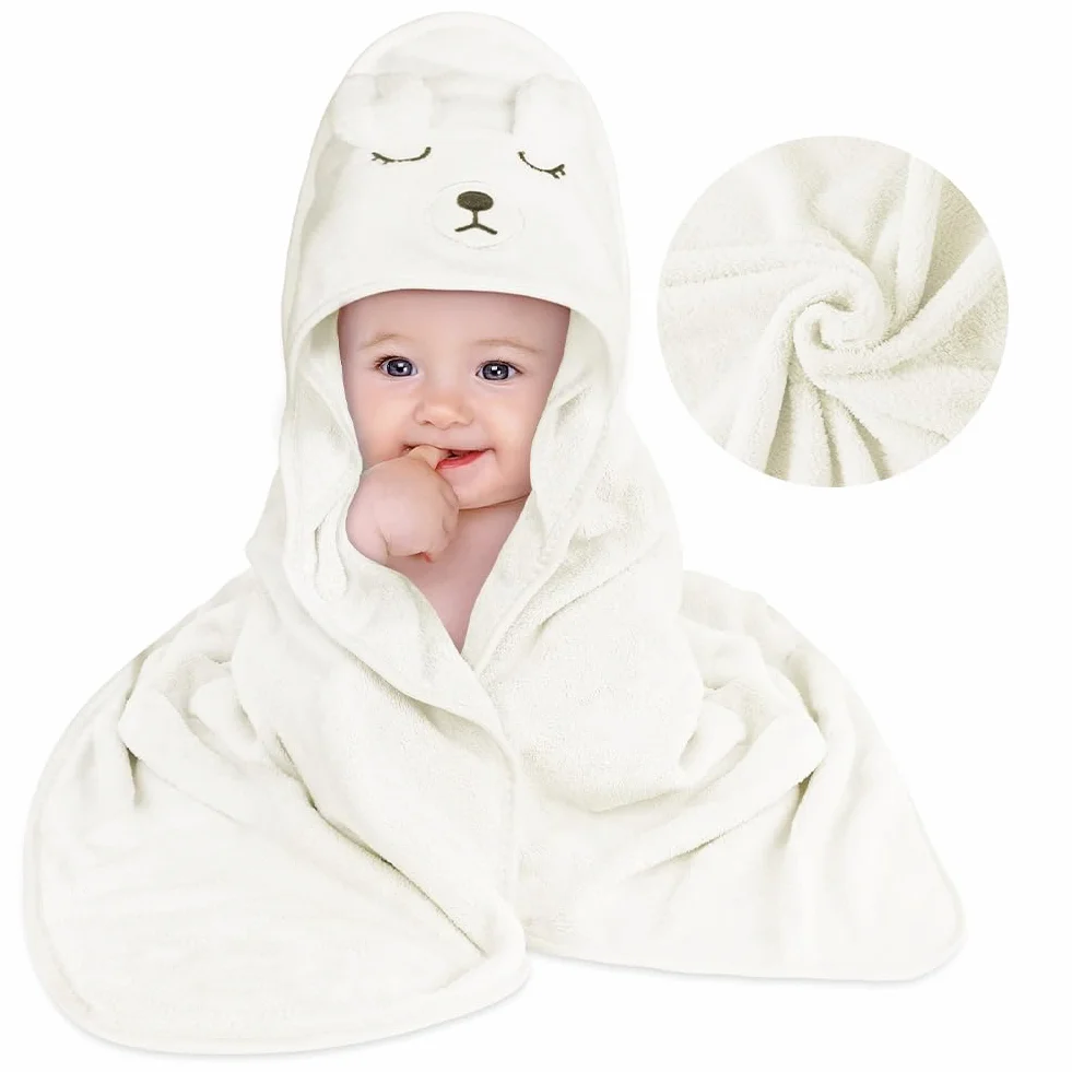 Serviette de Bain Capuche Bébé 80x80 cm Cape de Bain Doux Absorbant Ours Blanc