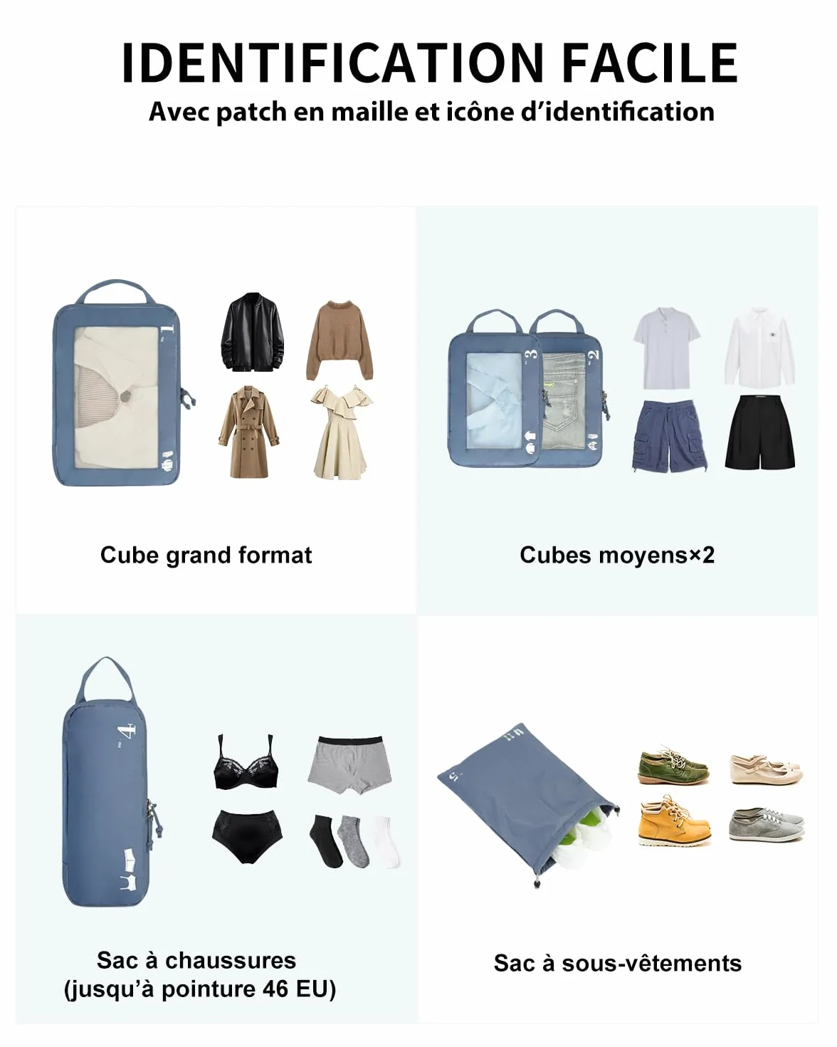 ECOHUB Organisateur Valise Cabine Rangement Packing Cubes Kit Voyage Bleu pur