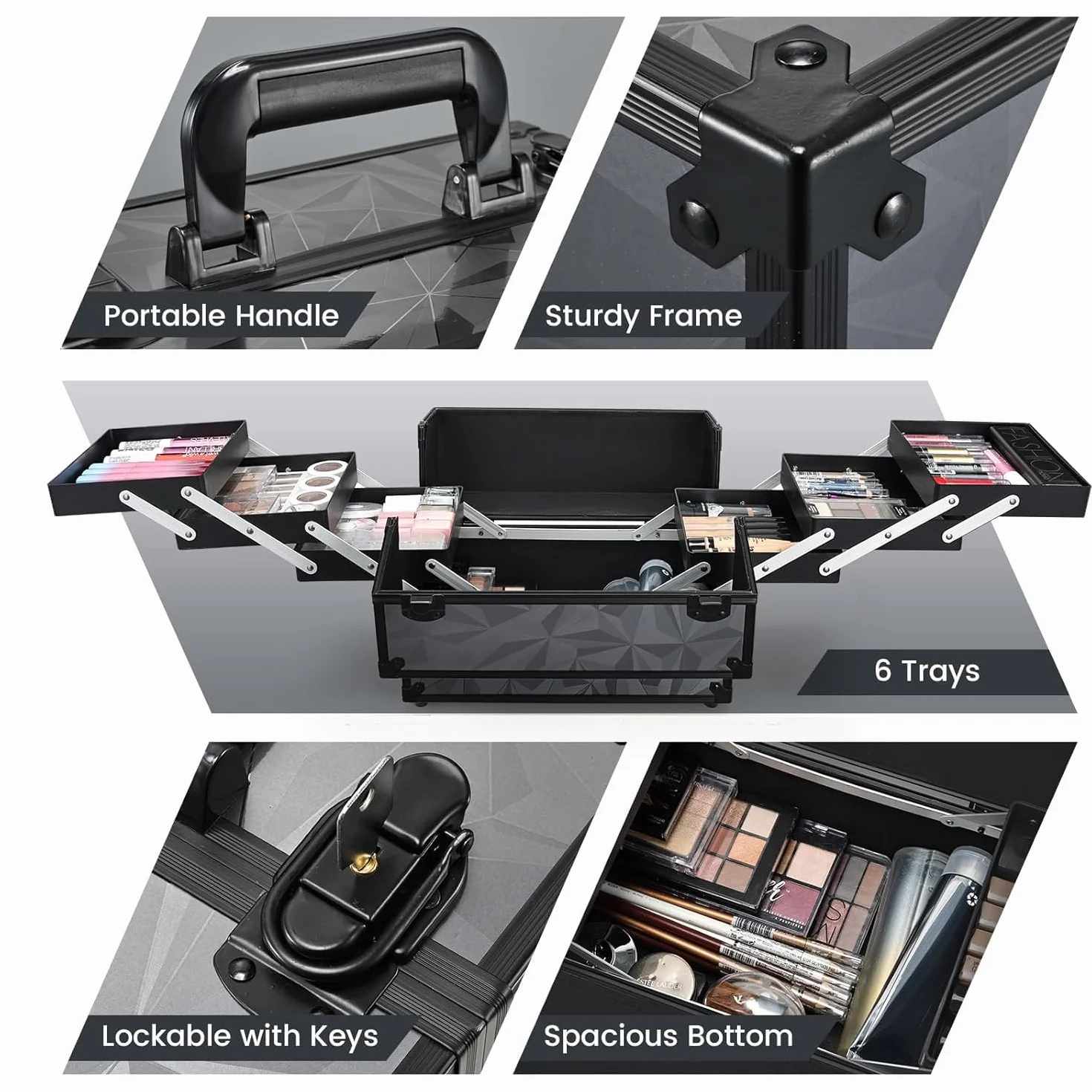 Mallette à Maquillage Valise Aluminium avec Doubles Serrures, Noir Grisâtre