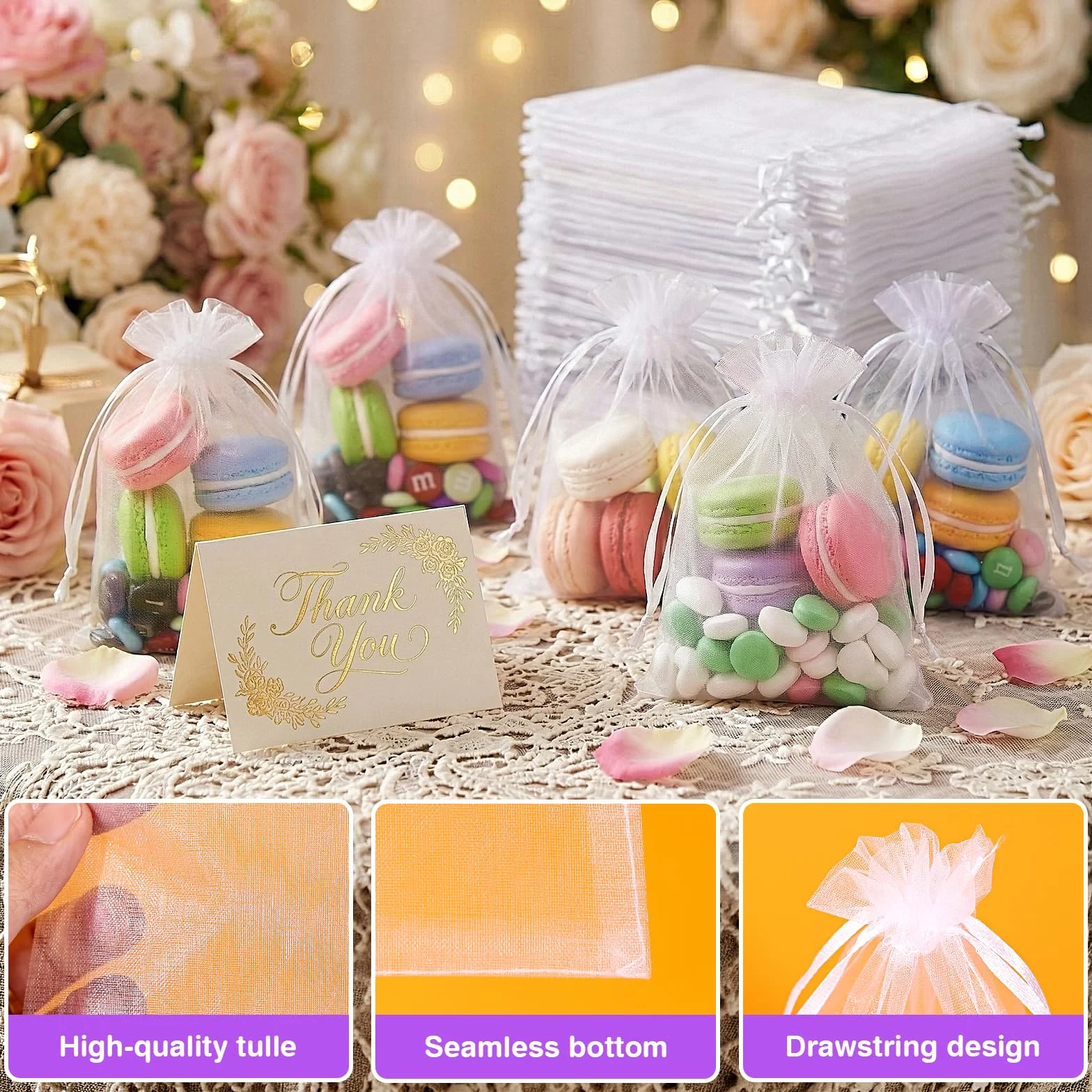 Sachet Organza 100 Pièces, Pochette Bijoux avec Cordon de Satin 10x15 cm Sac Cadeau Mariage (Blanc)