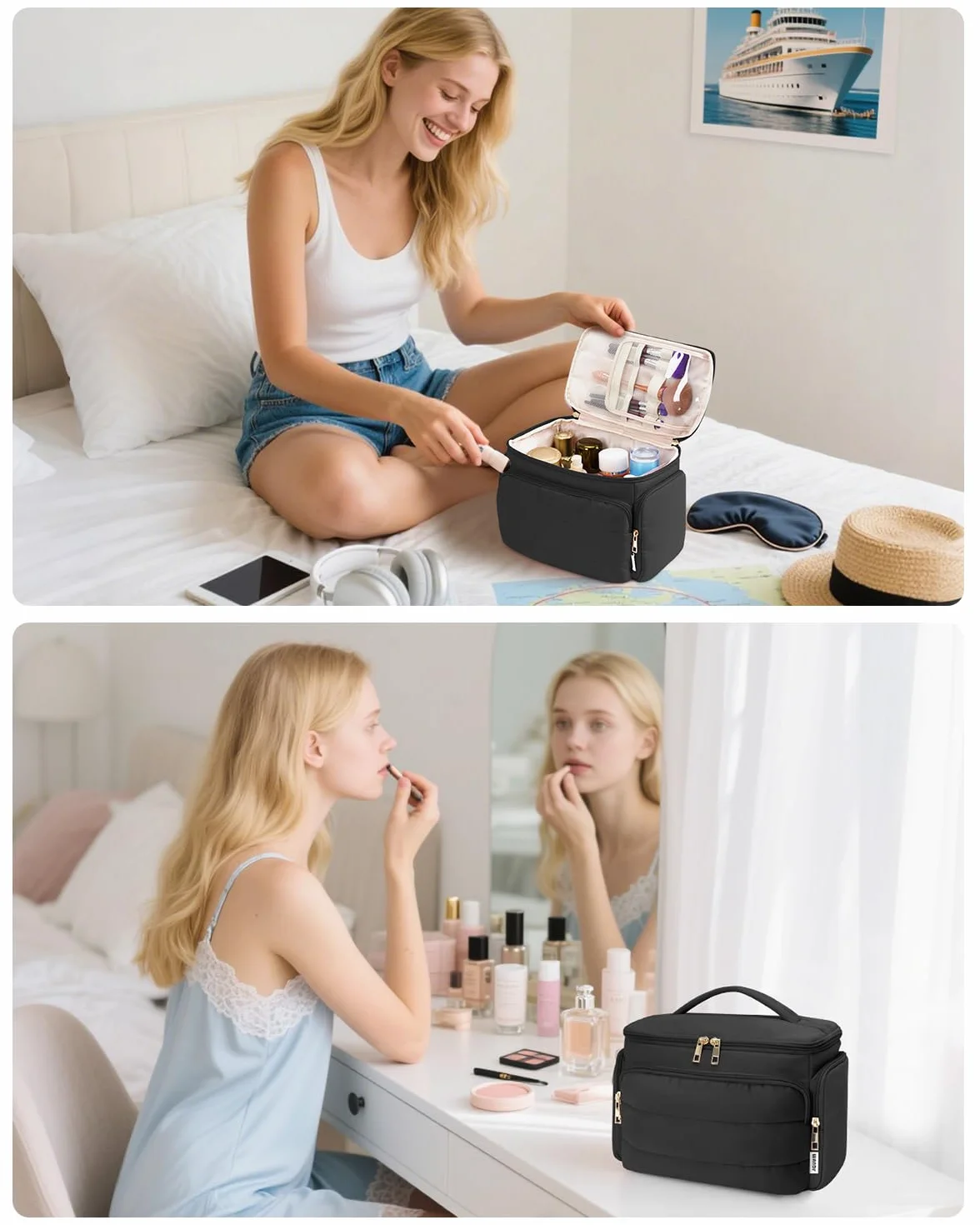 WANDF Trousse de Toilette Voyage Grand Sac à Maquillage Ouverture Étendue Poignée Sac Cosmétique Gonflé