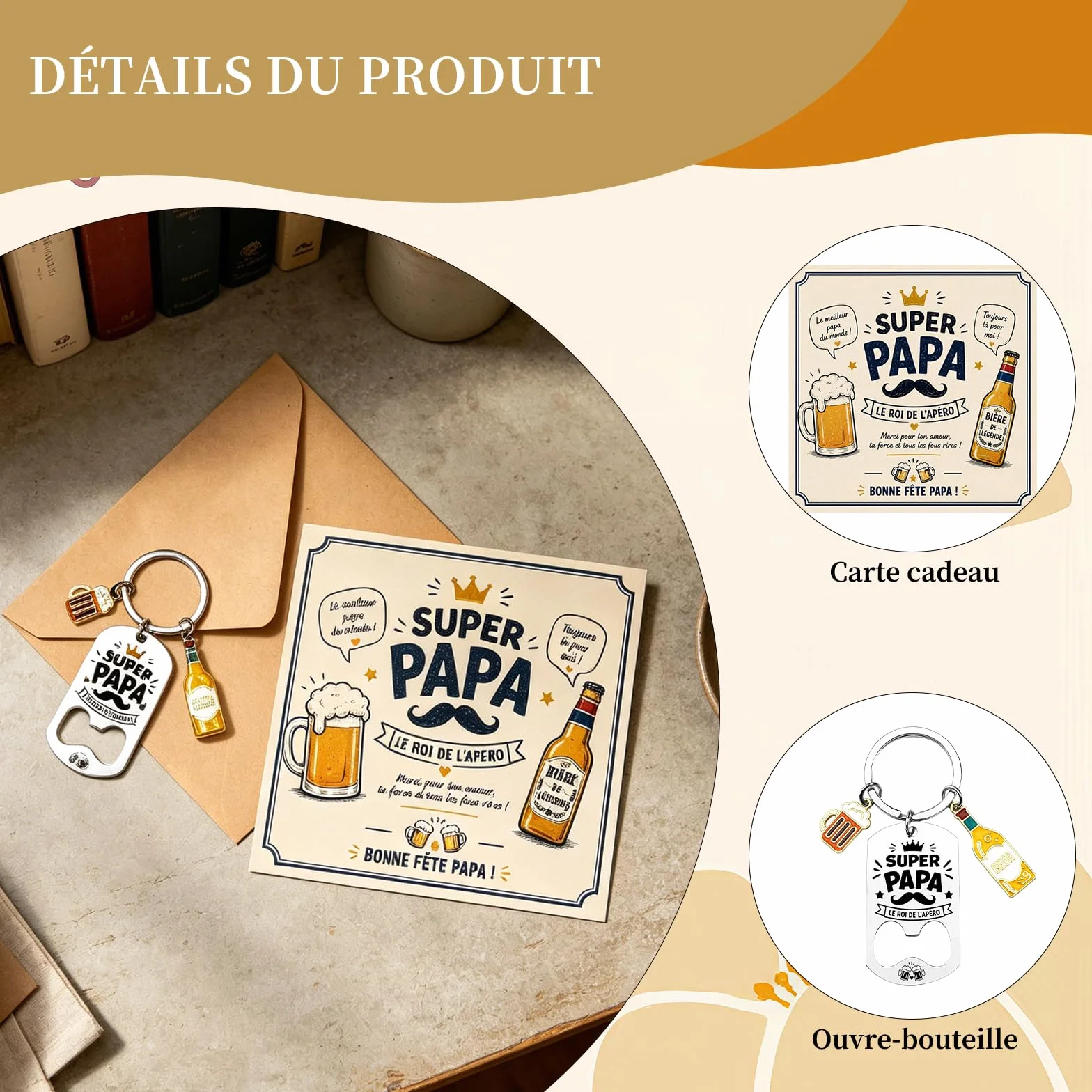 Cadeau Fête Des Pères Porte-Clés Décapsuleur Super Papa - Idée Cadeau Anniversaire Papa Set Avec Carte De Vœux Et Enveloppe Kraft