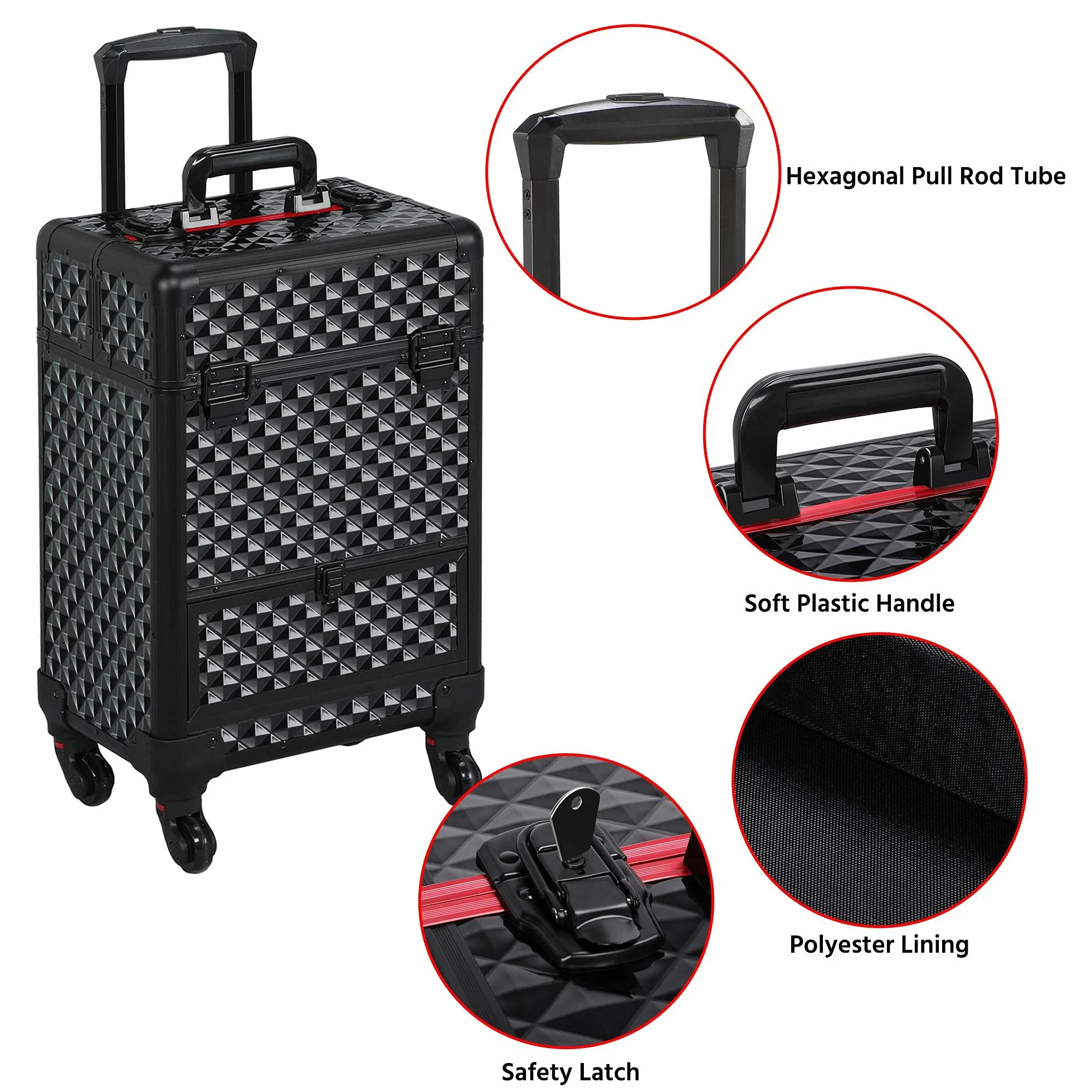 Yaheetech Valise de Maquillage Professionnel 1 Tiroir Mallette Verrouillable 4 Plateaux Rétractables 34x24x55 cm Noir Rouge