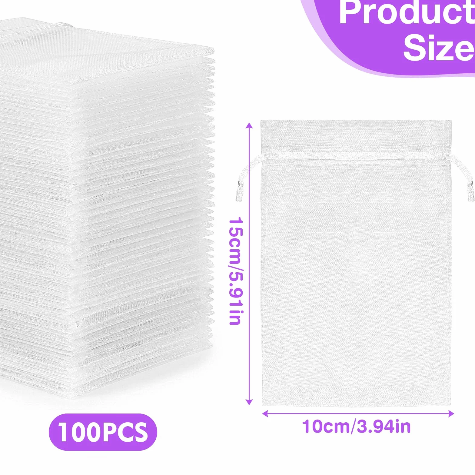 Sachet Organza 100 Pièces, Pochette Bijoux avec Cordon de Satin 10x15 cm Sac Cadeau Mariage (Blanc)