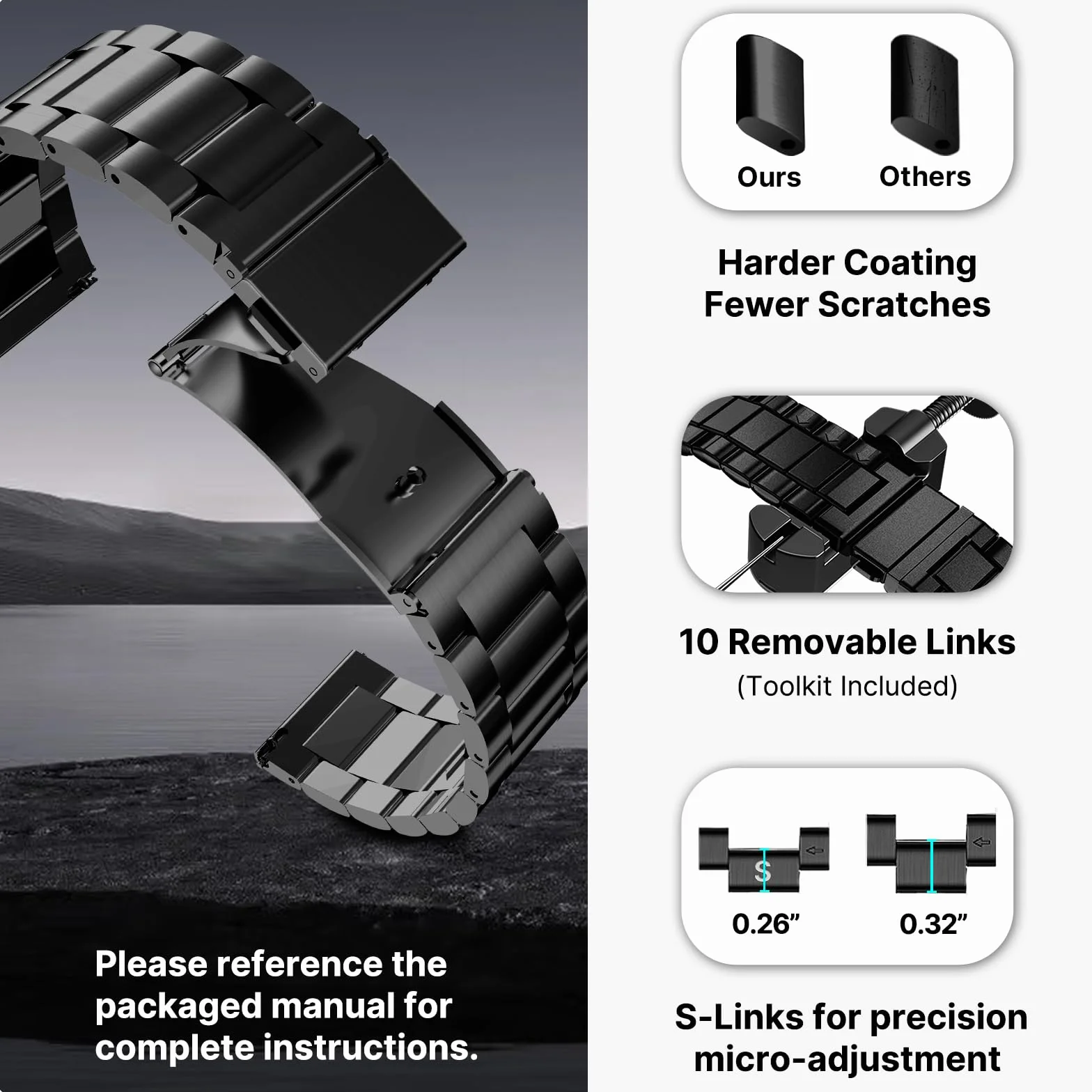Bracelet de Montre en Acier Inoxydable 22mm Compatible Samsung Gear S3 Classic Frontier Galaxy Watch 46mm Garmin Venu 3 Venu 2 Noir