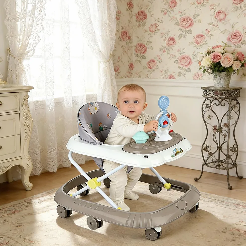 Trotteur 4 en 1 Pliable pour Bébé avec Plateau de Jeux Interactif, Base Anti-basculement, Roues Silicone, 4 Positions Hauteur, 6-18 Mois