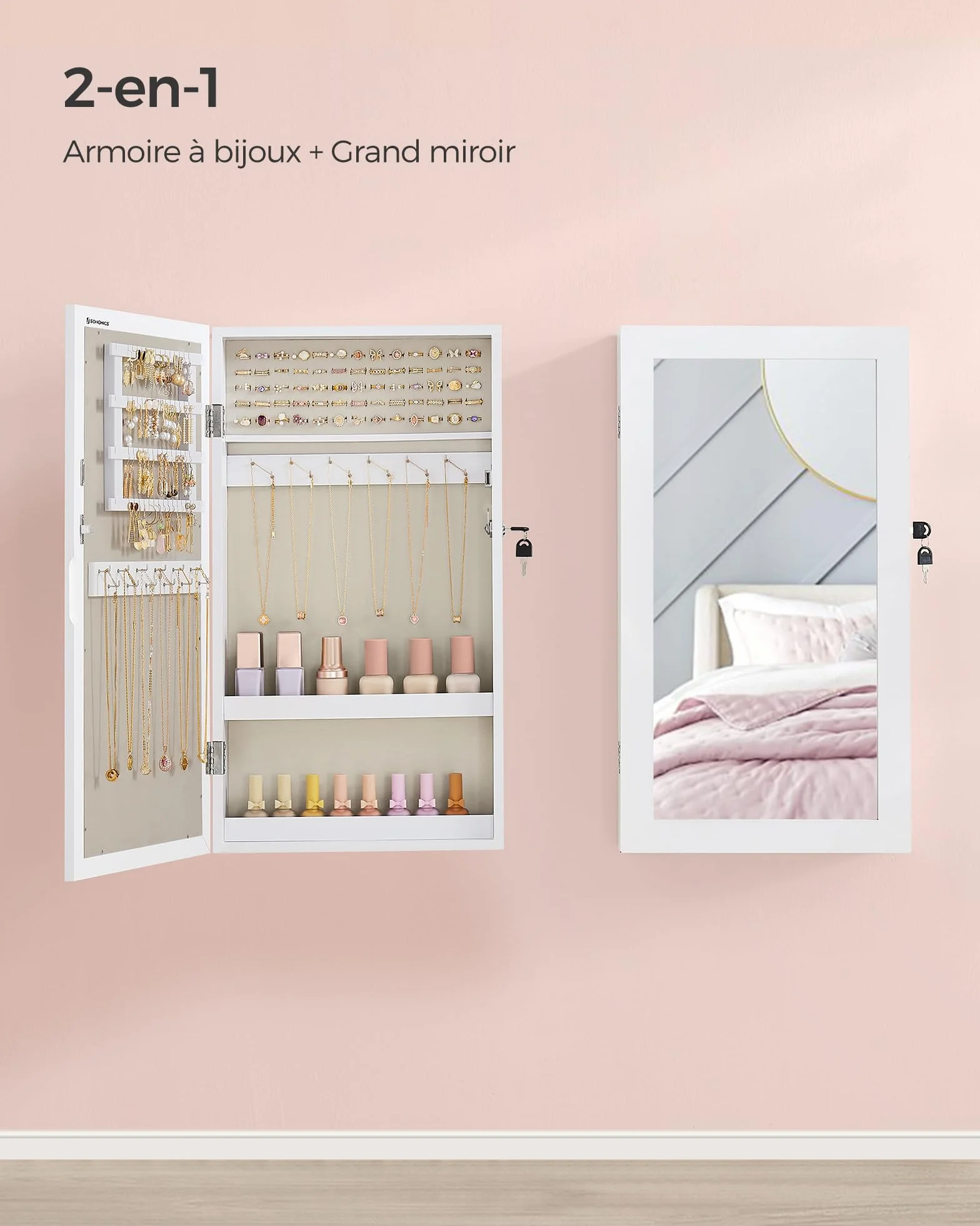 SONGMICS Armoire à Bijoux Murale avec Miroir, Verrouillable, Blanc et Grège JJC051W02