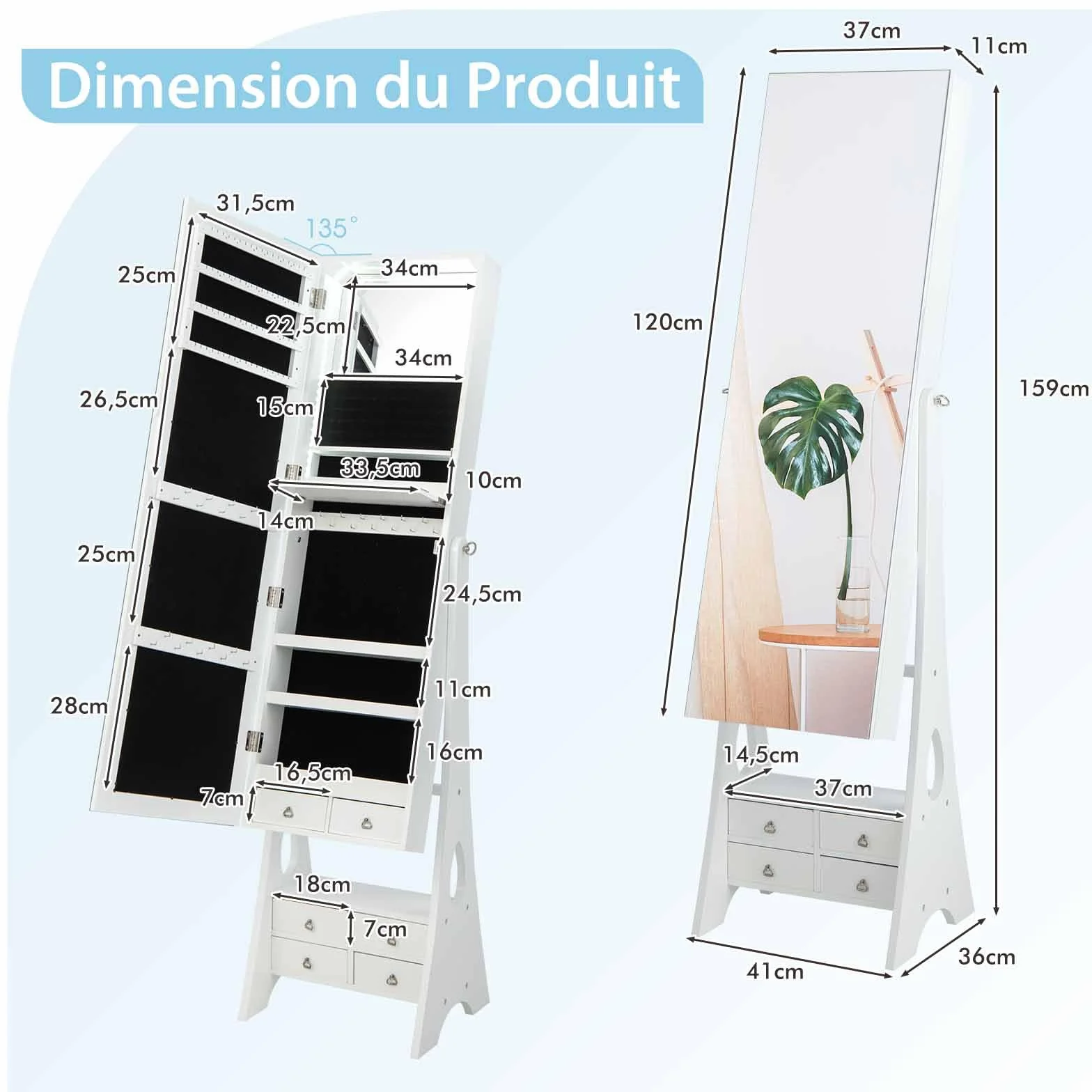 COSTWAY Armoire à Bijoux avec Miroir Pleine Longueur, Lumières LED Intégrées, Étagère de Maquillage Pliable, Blanc