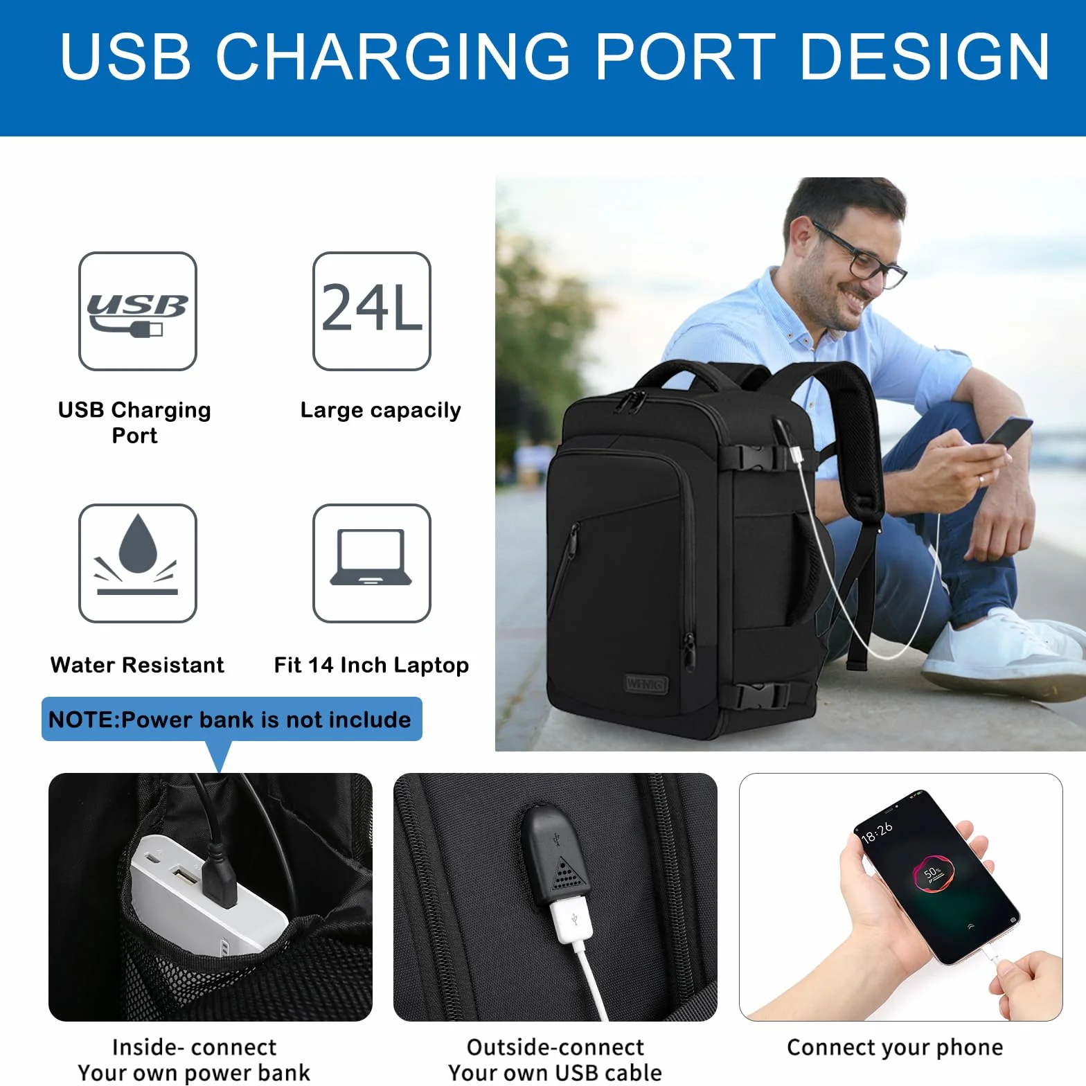 WENIG Bagage Cabine 40x30x20 24L Sac à Dos Voyage Avion avec Port USB Ordinateur Portable 14 Pouces Noir