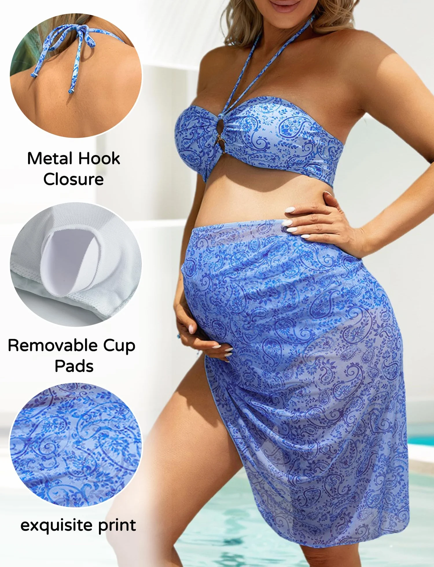 FEOYA Maillots de bain de maternité 3 pièces taille haute avec coussinets