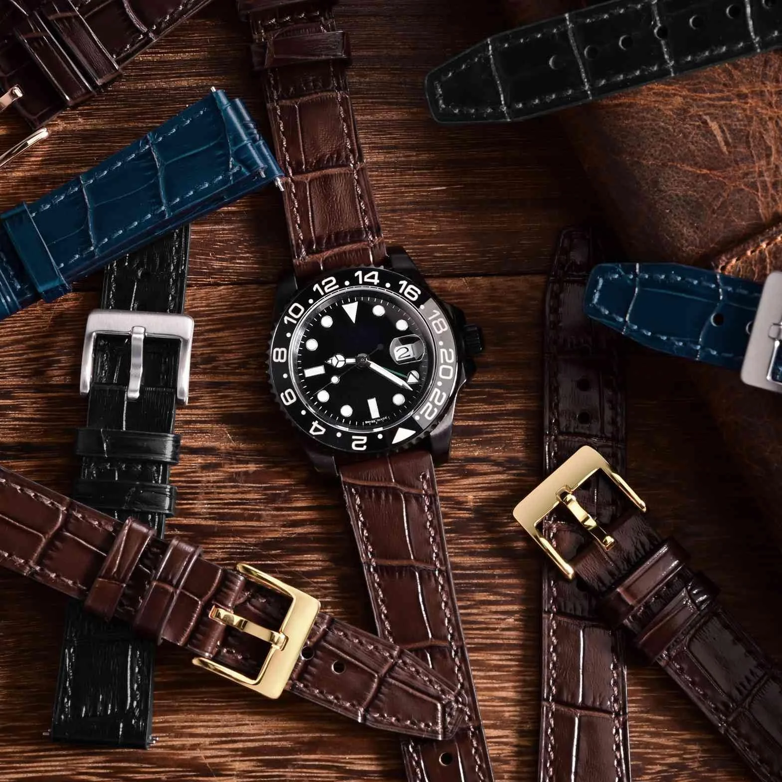 Anbeer Bracelet de montre en cuir italien gaufré grain alligator, dégagement rapide, 18mm 20mm 22mm 24mm