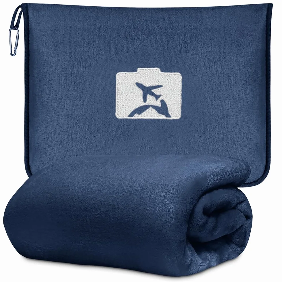 Couverture de Voyage 2 en 1 Avion Voiture avec Housse Bagages Clip Sac à Dos Coussin Transformable Ultra Légère