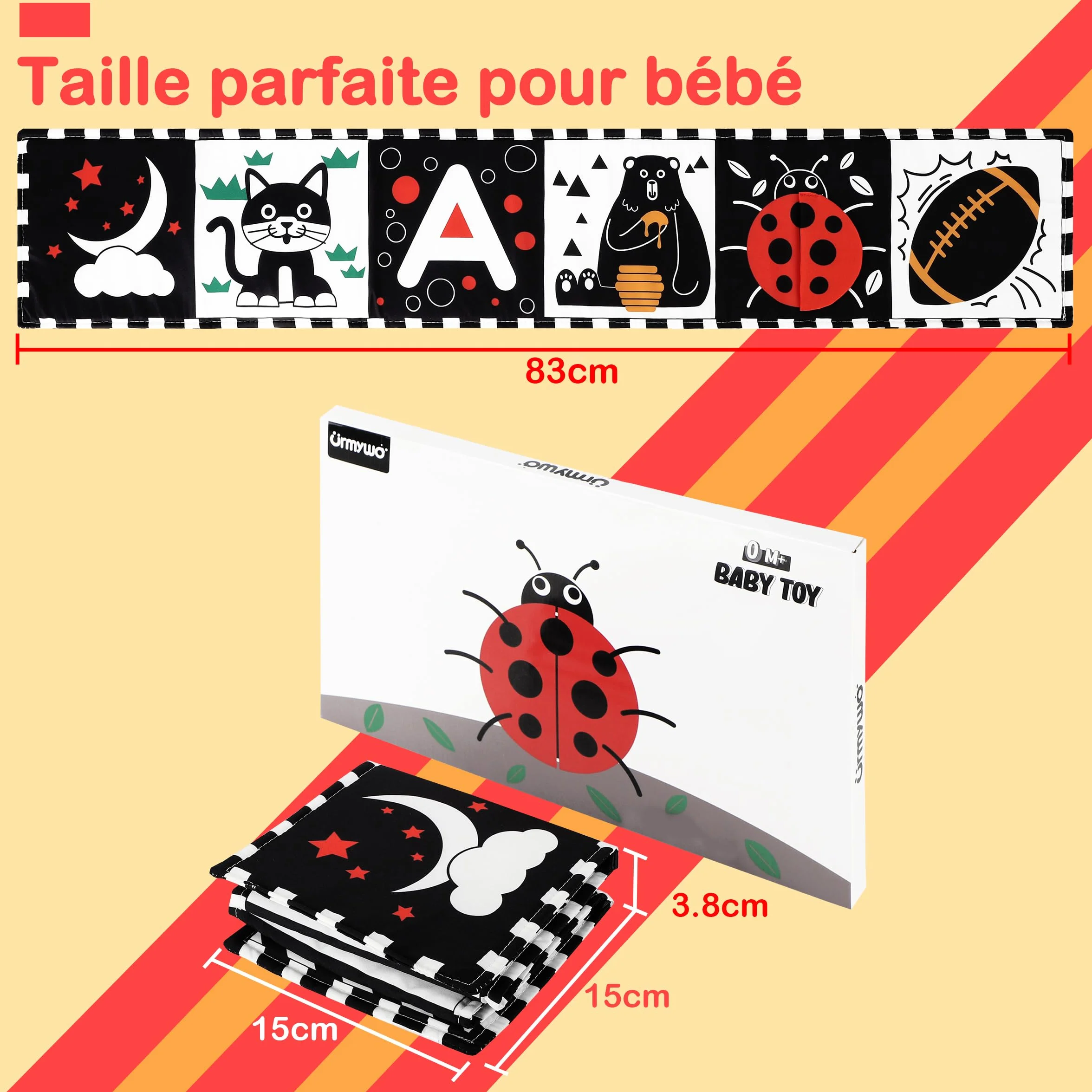 Livre Tissu Bébé Noir et Blanc Montessori Haute Contraste Sensoriel 0-3-6-12 Mois Jouet Eveil