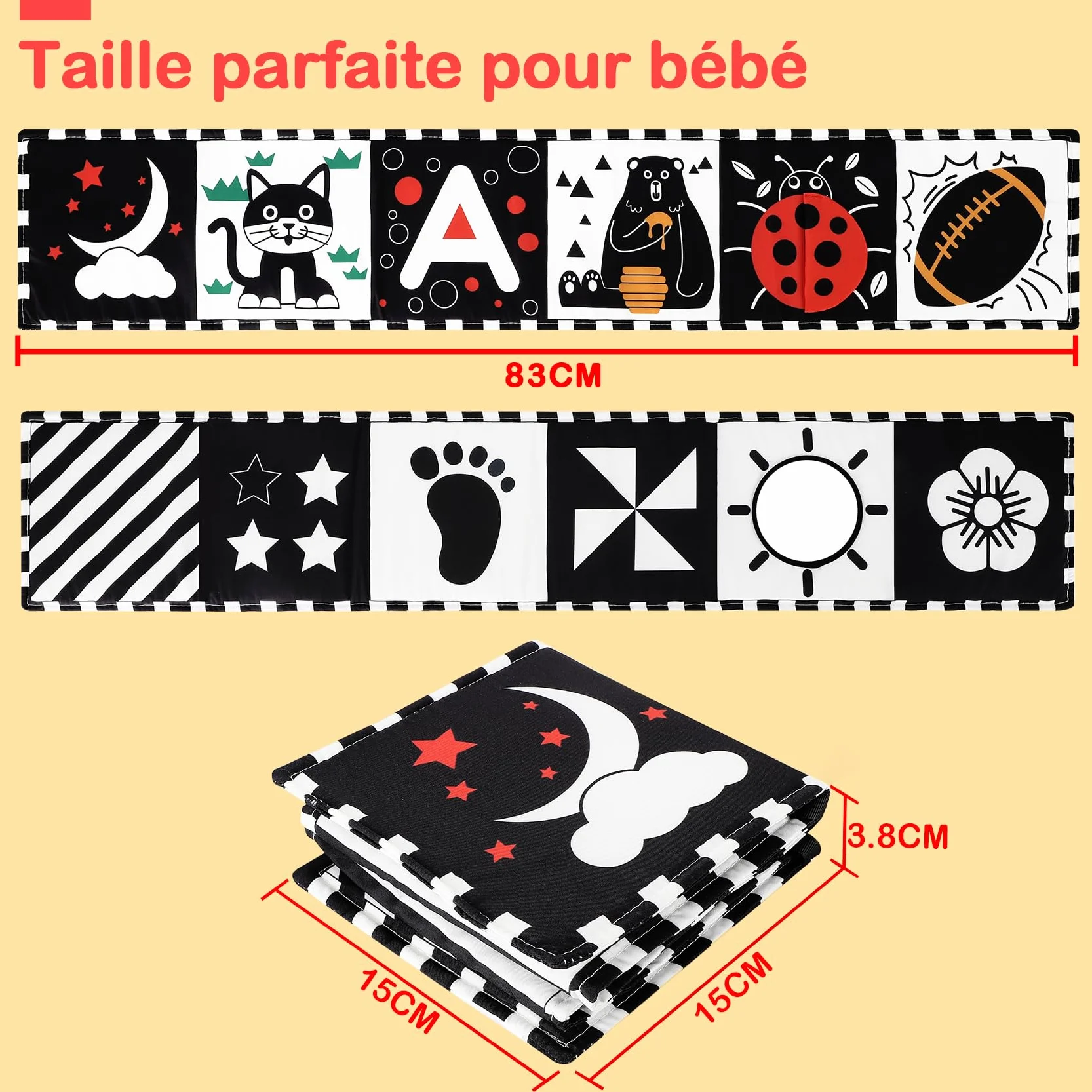 Livre Tissu Bébé Noir et Blanc Montessori Haute Contraste Sensoriel 0-3-6-12 Mois Jouet Eveil