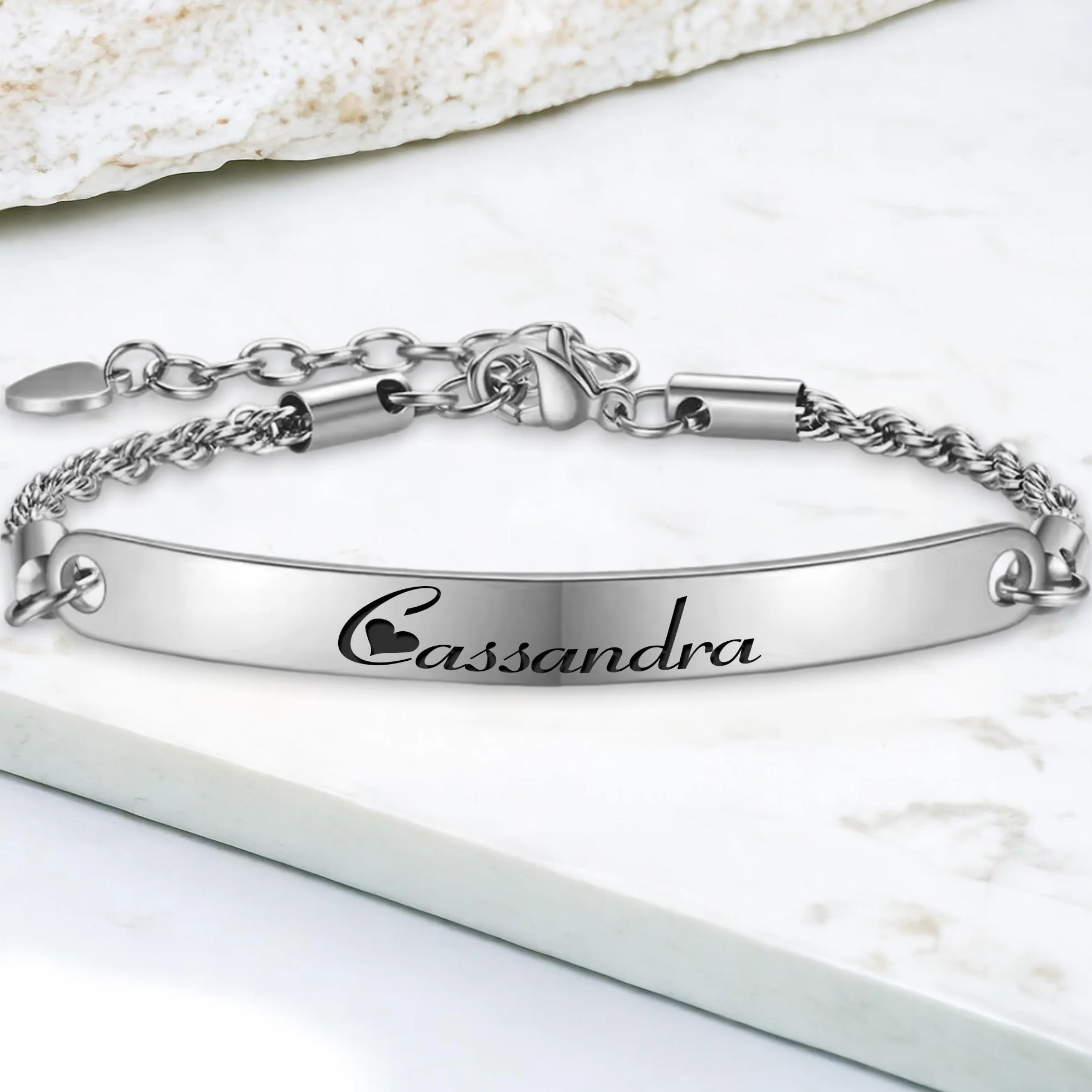 KDO MAGIC Bracelet personnalisé femme Prénom gravé Métal argenté Gourmette torsadé Cadeau fête des Mères