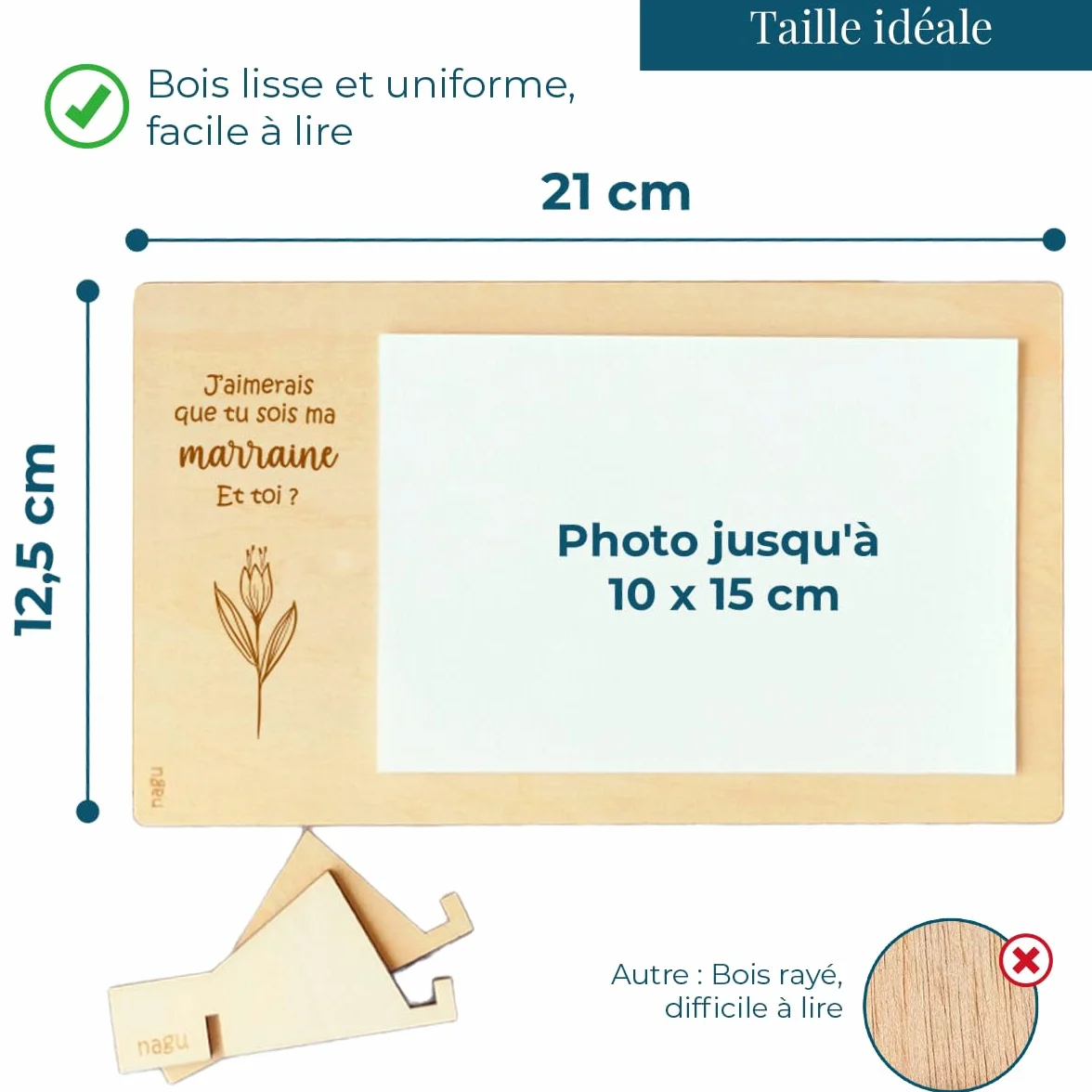 Nagu Cadre Photo en Bois 10x15 cm – Cadeau Personnalisé Baptême – Support de Table