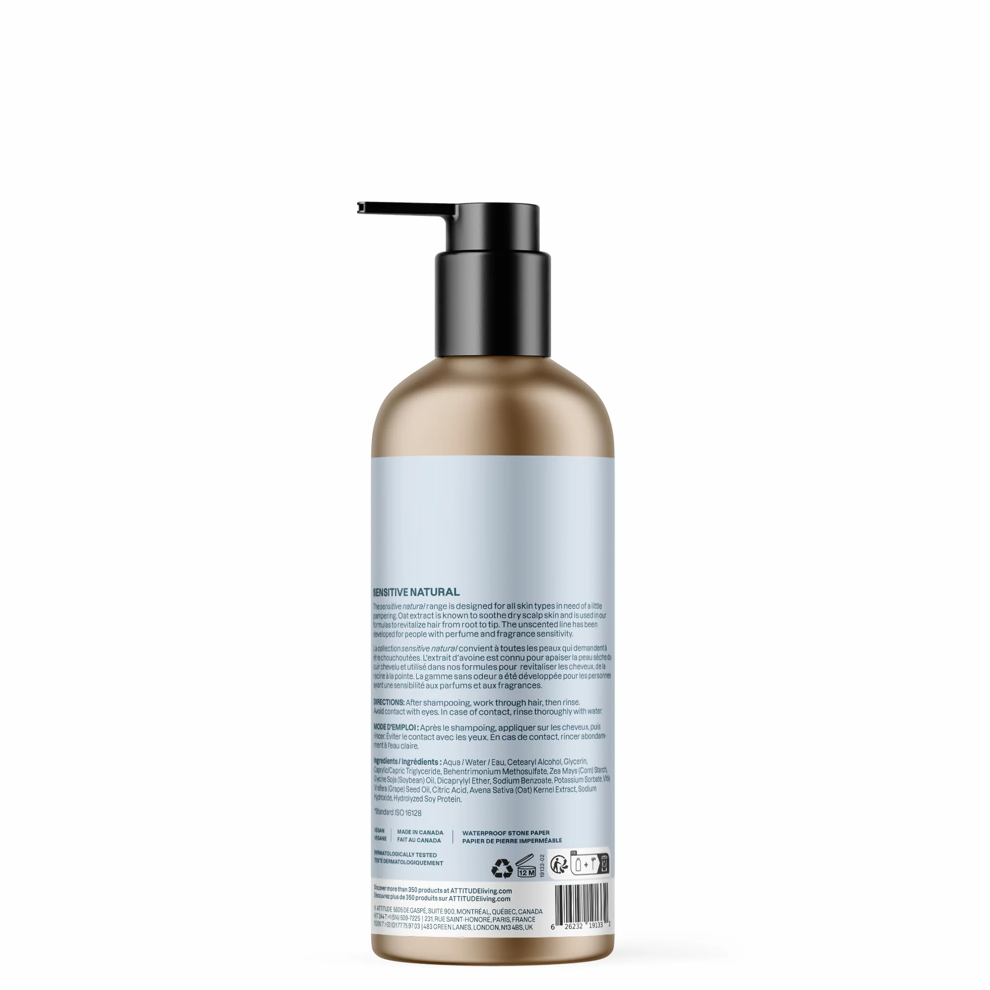 ATTITUDE Après-Shampoing Volumisant Doux, peau sensible, enrichi à l’avoine, testé dermatologiquement, végan, sans parfum, bouteille aluminium, 473 mL